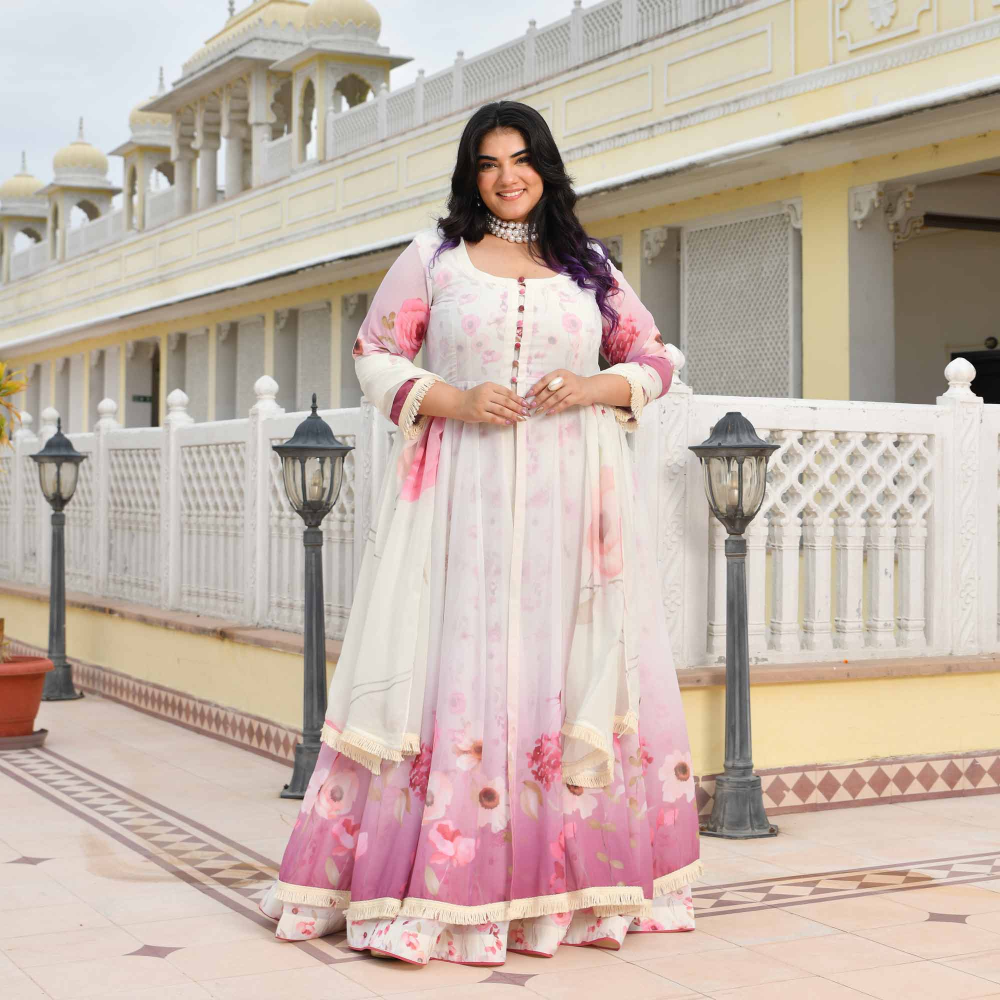 Cheesecake- Pearl White & Pink Floral Georgette Cape Set
