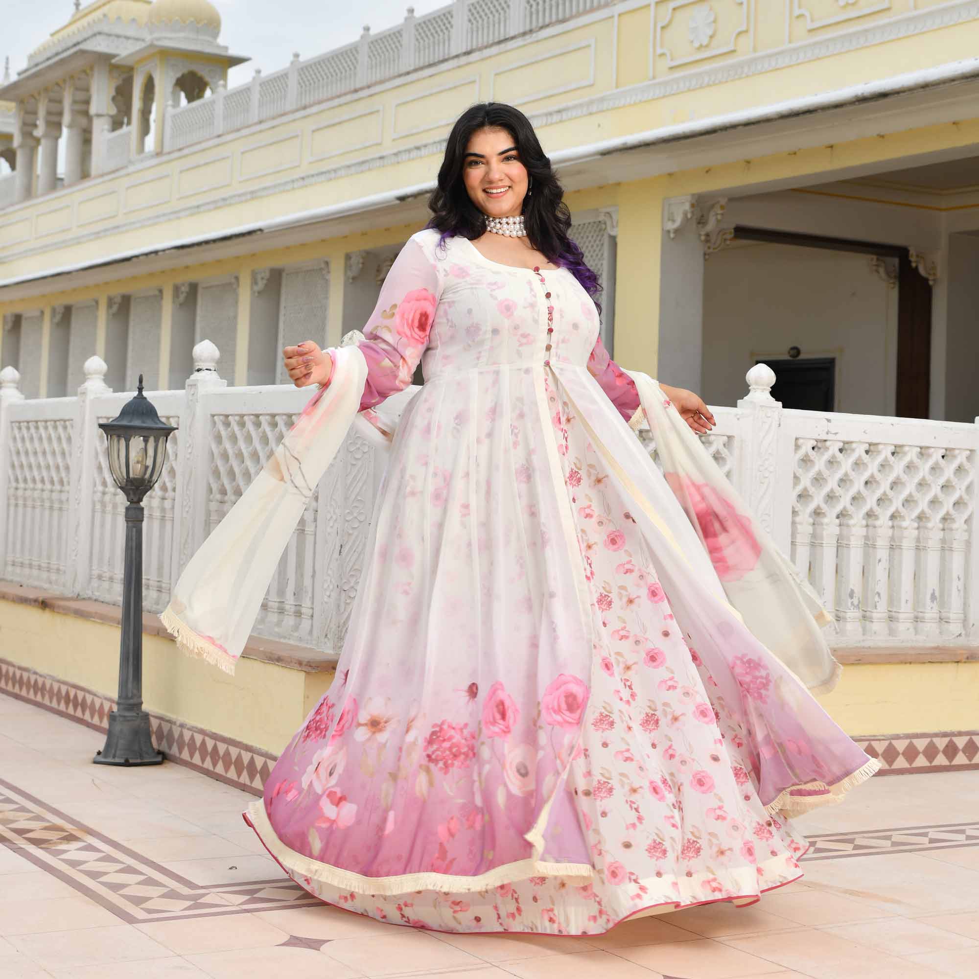 Cheesecake- Pearl White & Pink Floral Georgette Cape Set