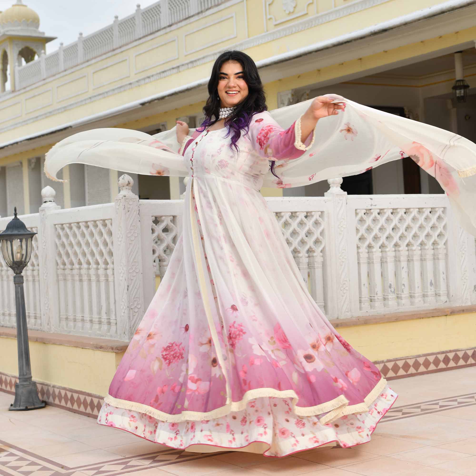 Cheesecake- Pearl White & Pink Floral Georgette Cape Set