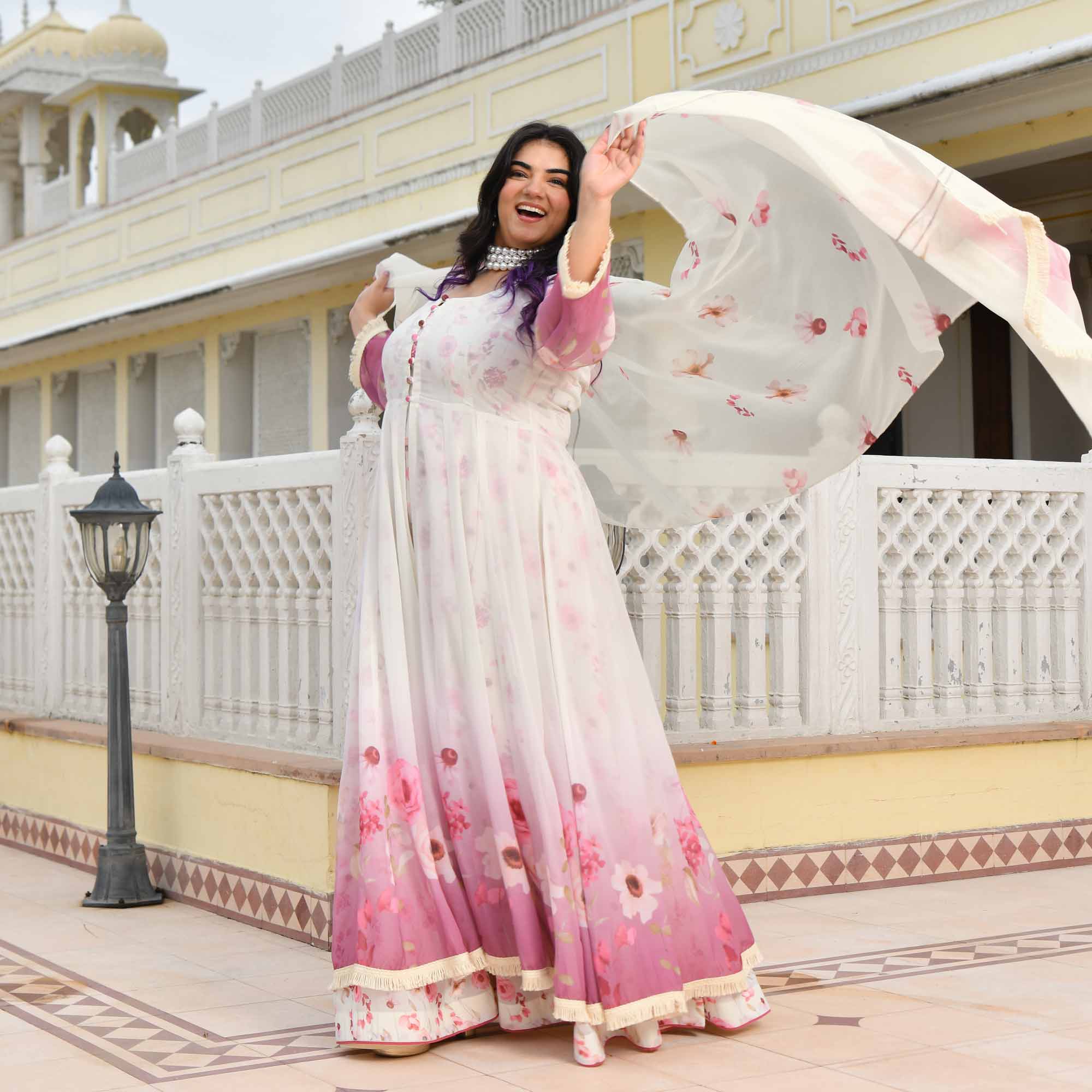 Cheesecake- Pearl White & Pink Floral Georgette Cape Set