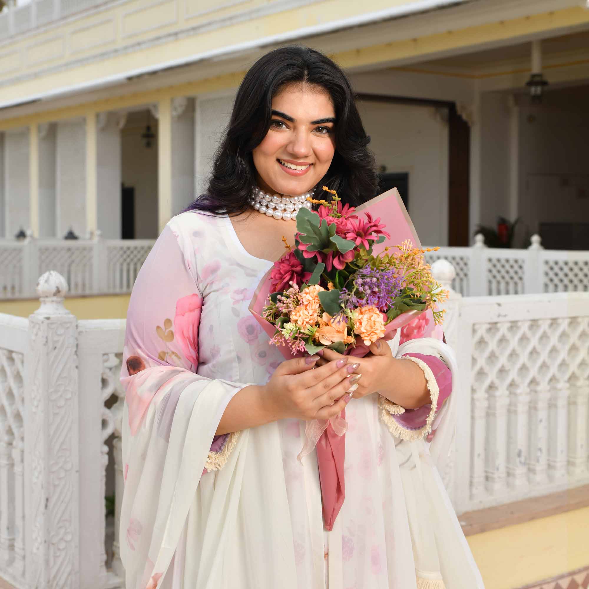 Cheesecake- Pearl White & Pink Floral Georgette Cape Set