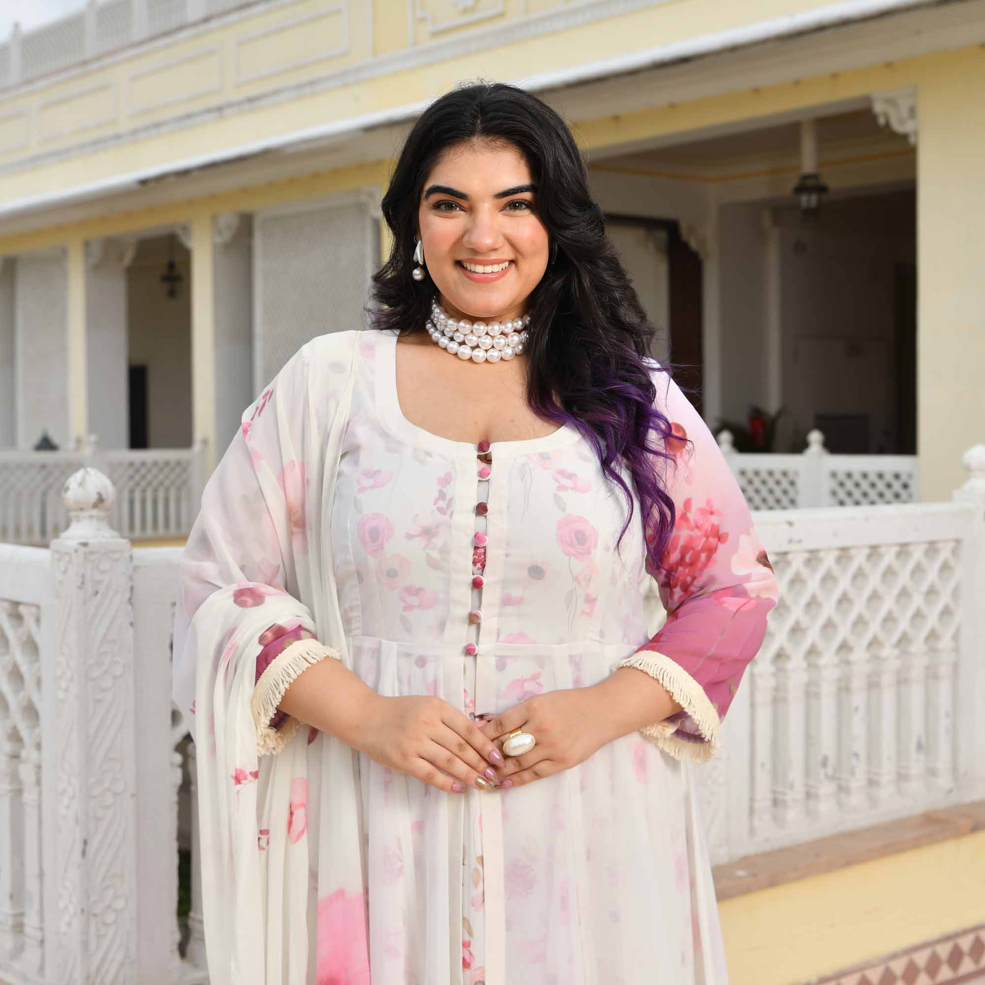 Cheesecake- Pearl White & Pink Floral Georgette Cape Set