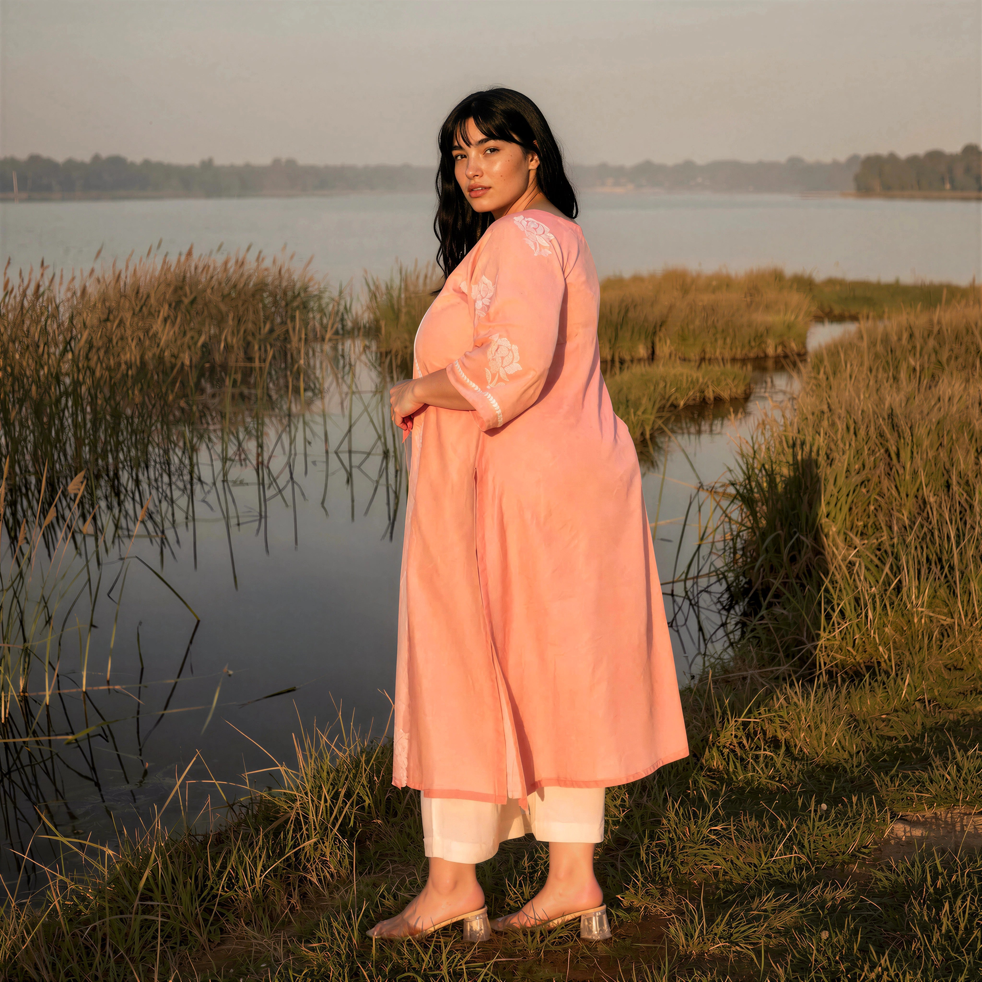 Apricot- Peach Floral Thread Embroidered Mul Chanderi Kurta