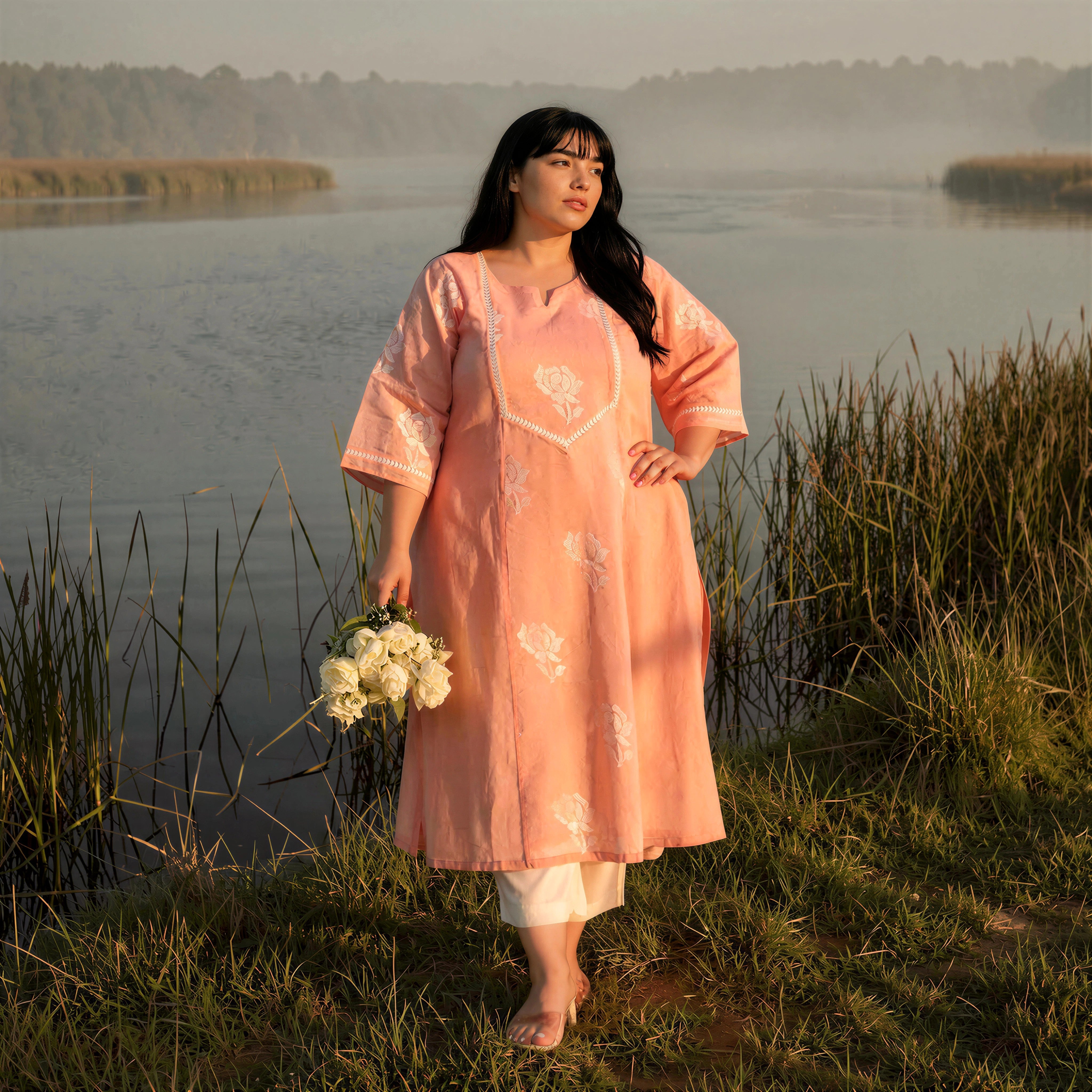 Apricot- Peach Floral Thread Embroidered Mul Chanderi Kurta
