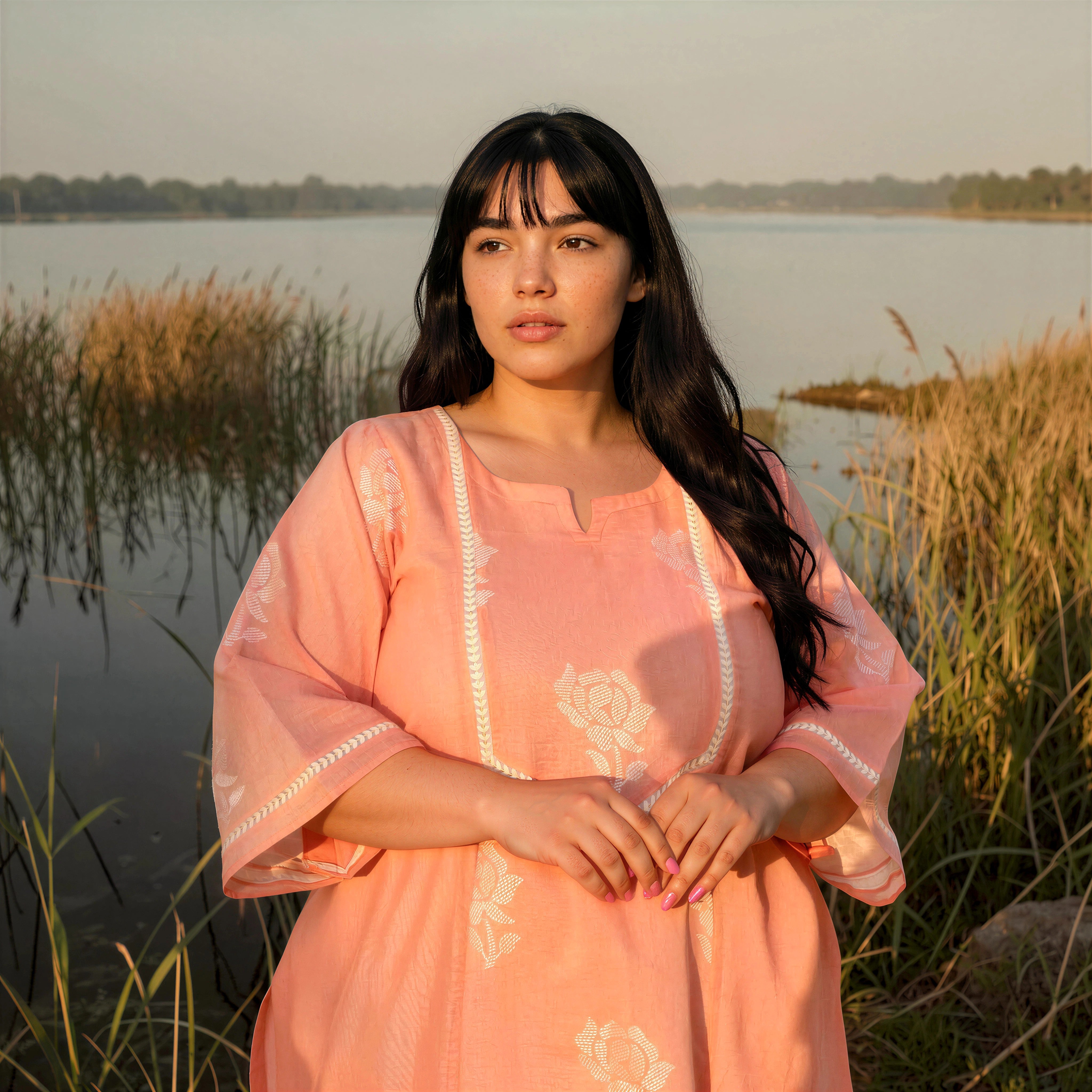 Apricot- Peach Floral Thread Embroidered Mul Chanderi Kurta