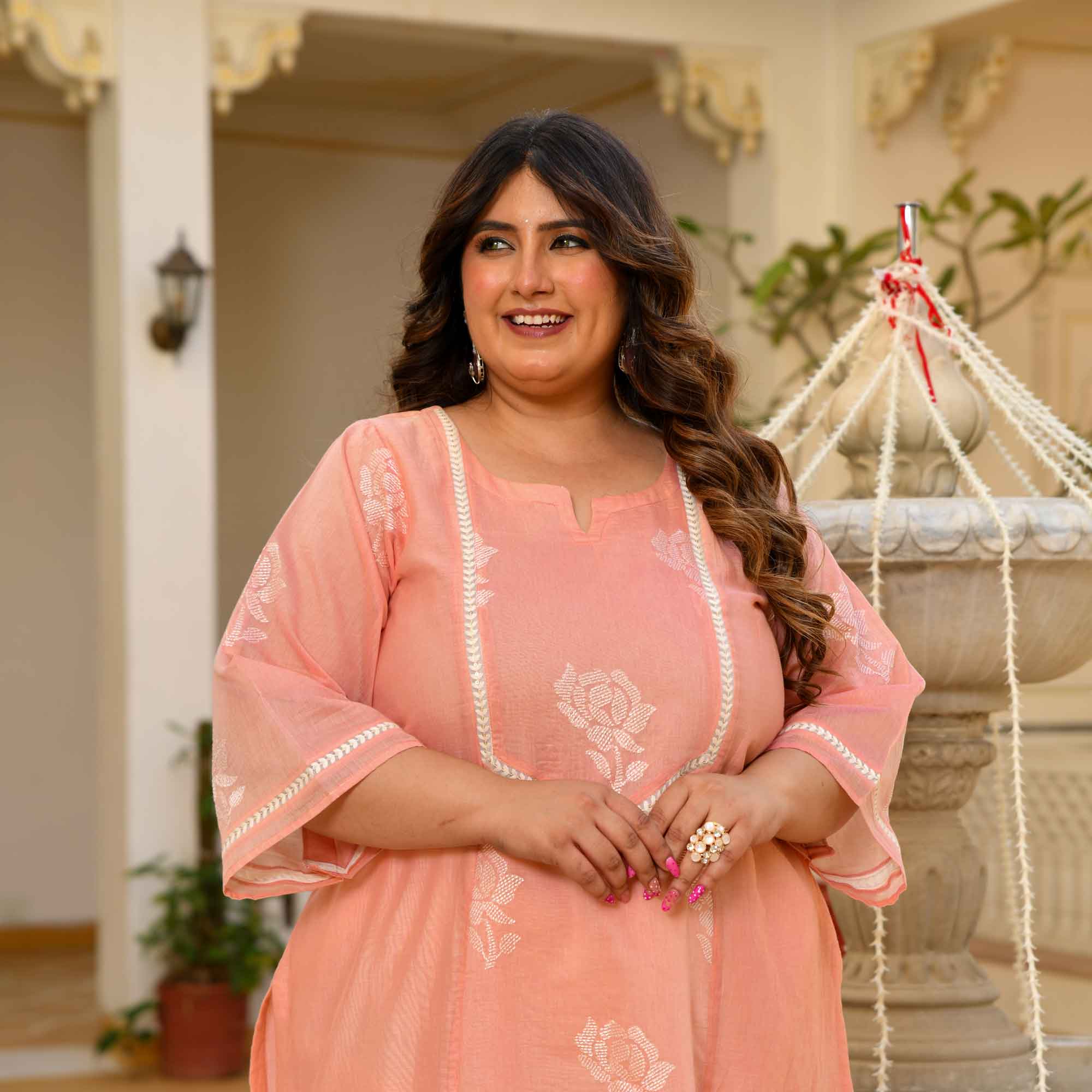 Apricot- Peach Floral Thread Embroidered Mul Chanderi Kurta