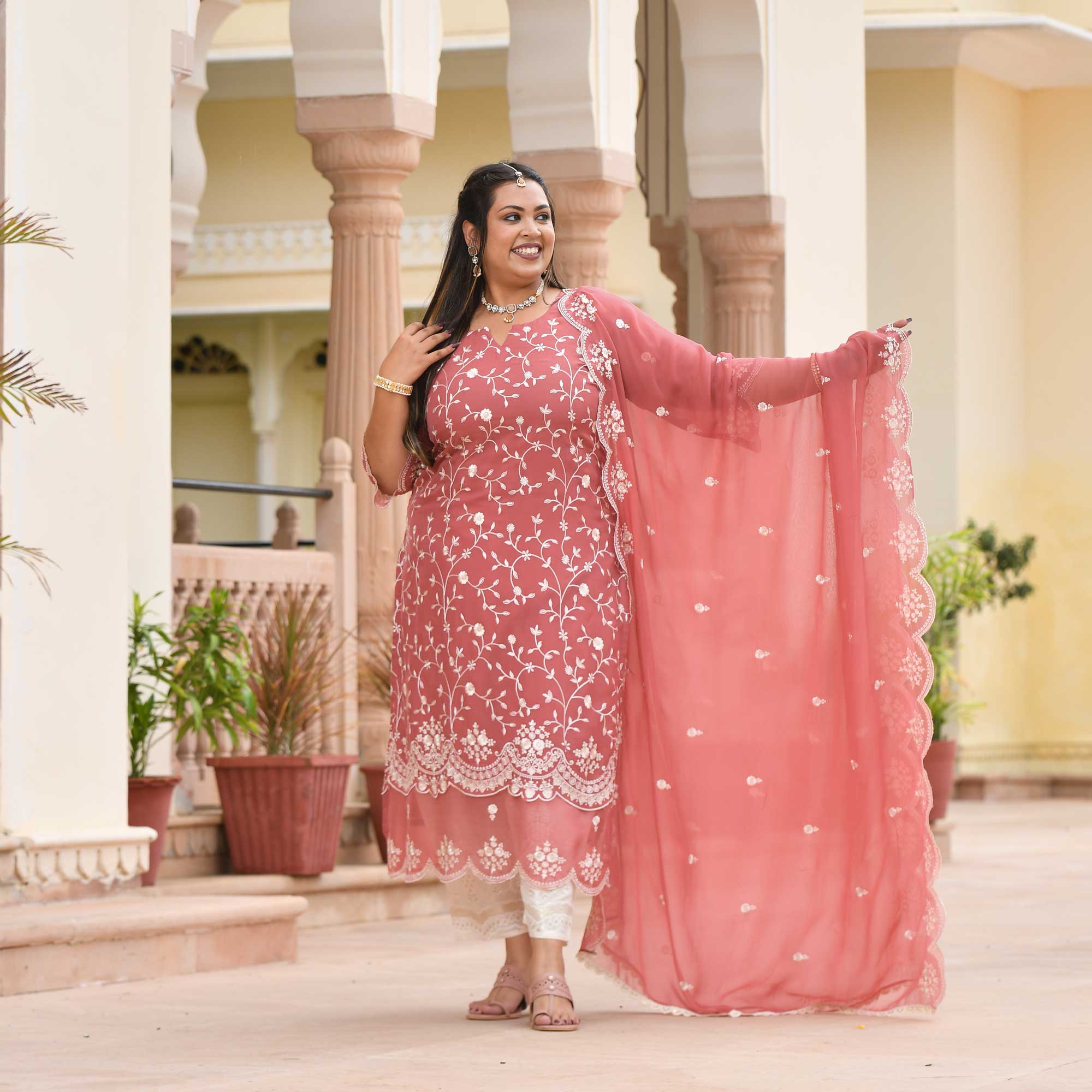 Pearl White & Pink Melody Thread Embroidered Organza Suit Set-Plus Size  Clothing(XS-10XL)