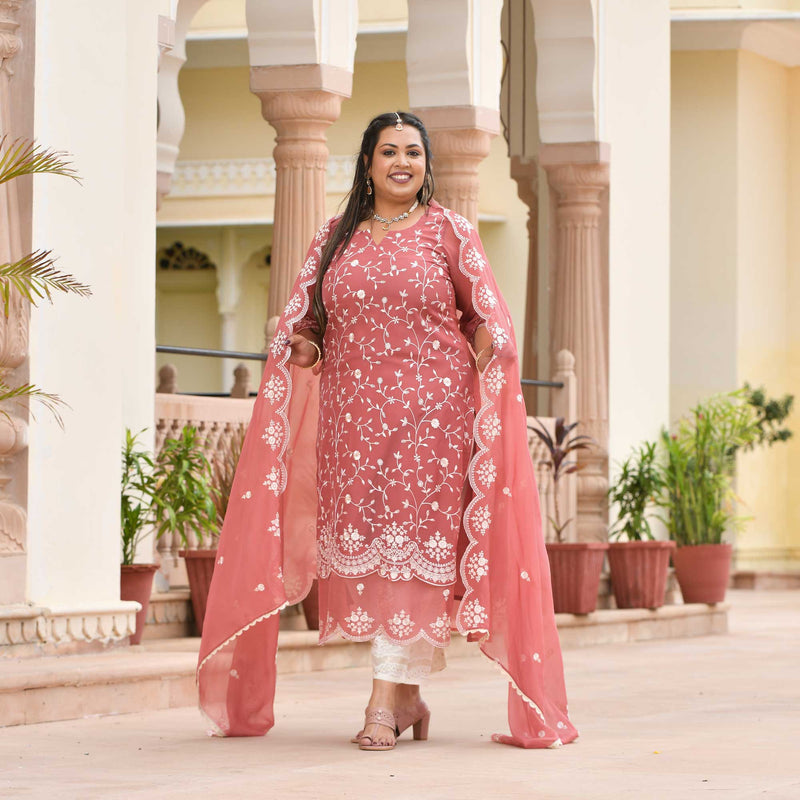 Pearl White & Pink Melody Thread Embroidered Organza Suit Set