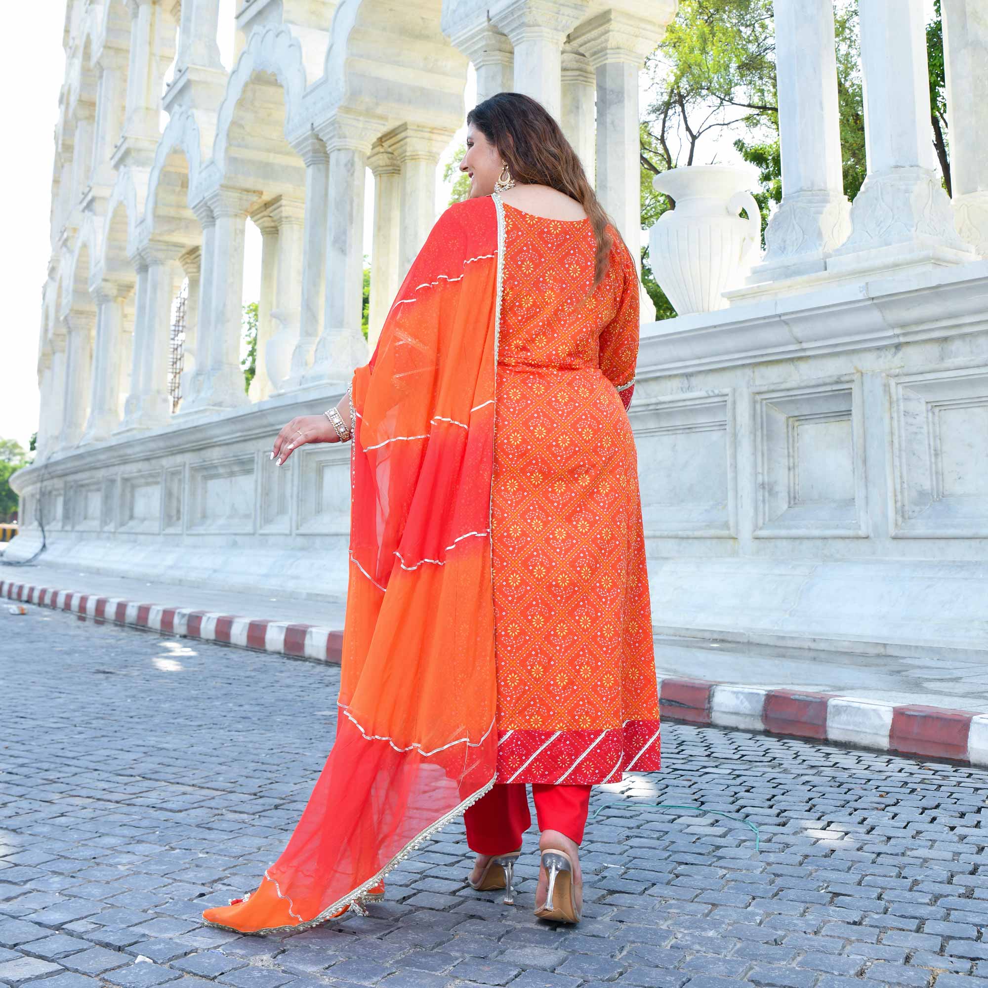 Rangrez - Red & Orange Bandhani Gota Cotton  Aline Kurta