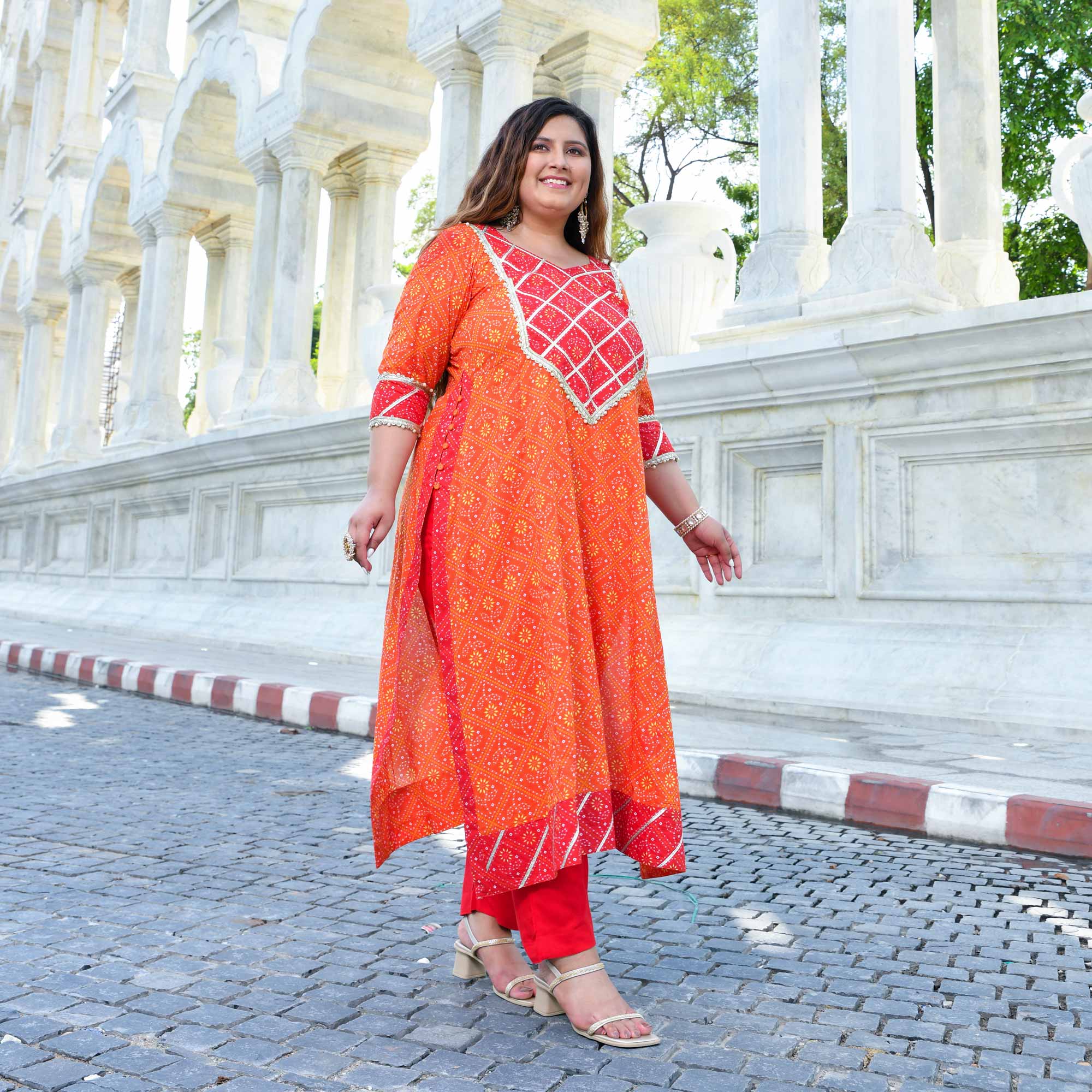 Rangrez - Red & Orange Bandhani Gota Cotton  Aline Kurta