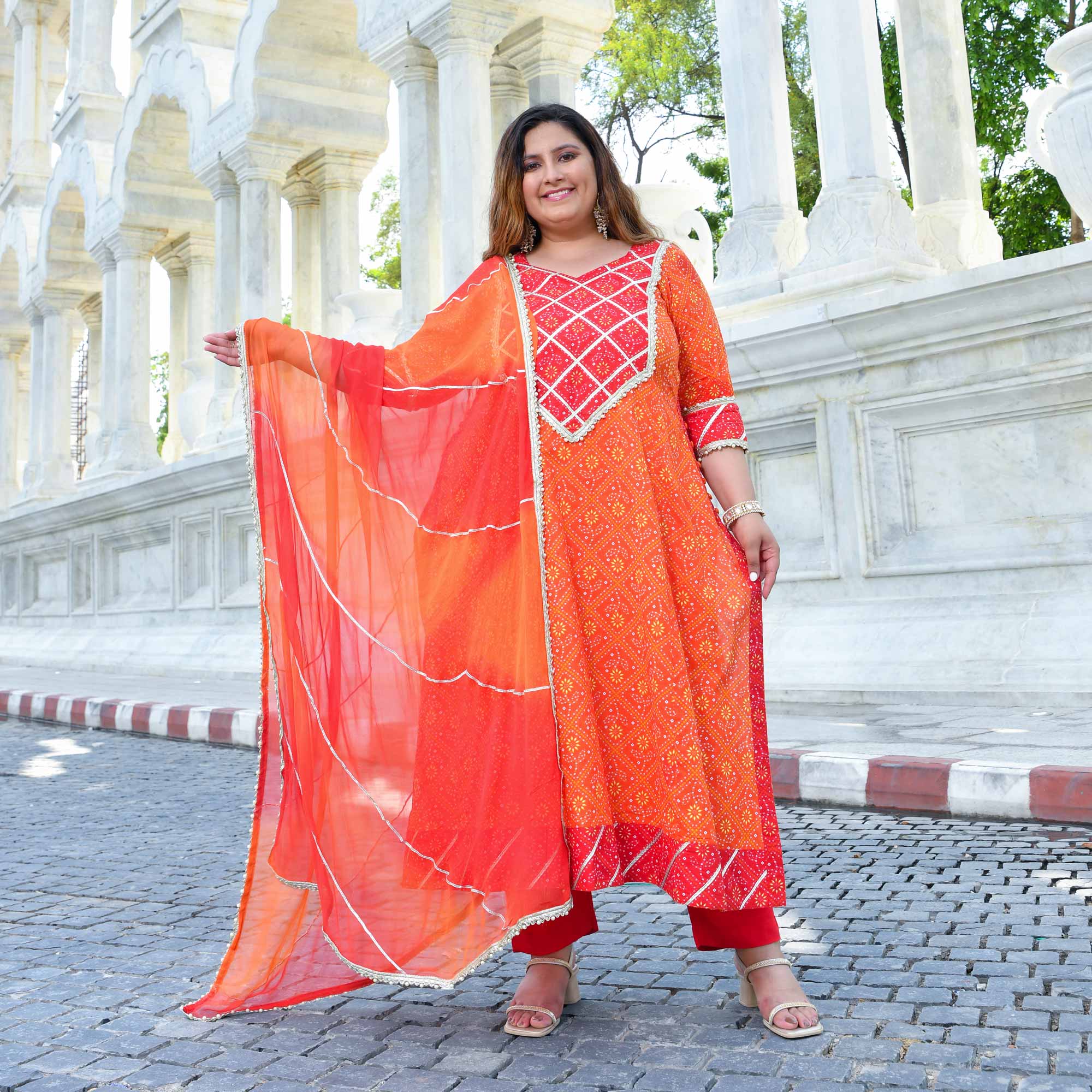 Rangrez - Red & Orange Bandhani Gota Cotton  Aline Kurta