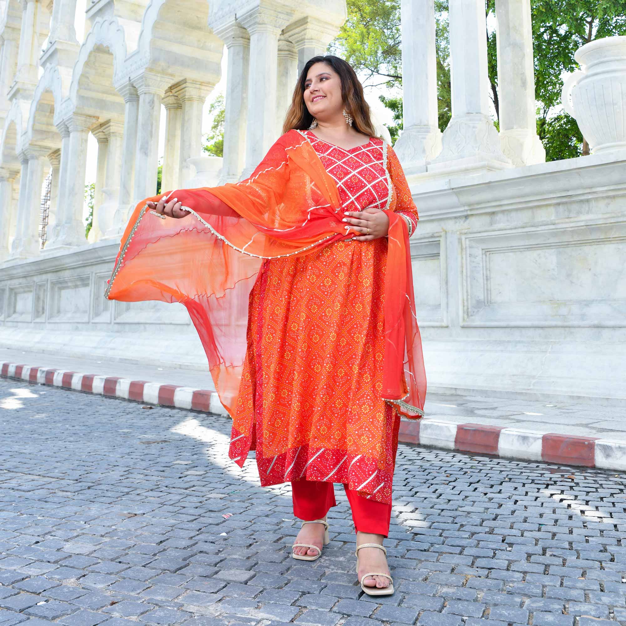 Rangrez - Red & Orange Bandhani Gota Cotton  Aline Suit Set