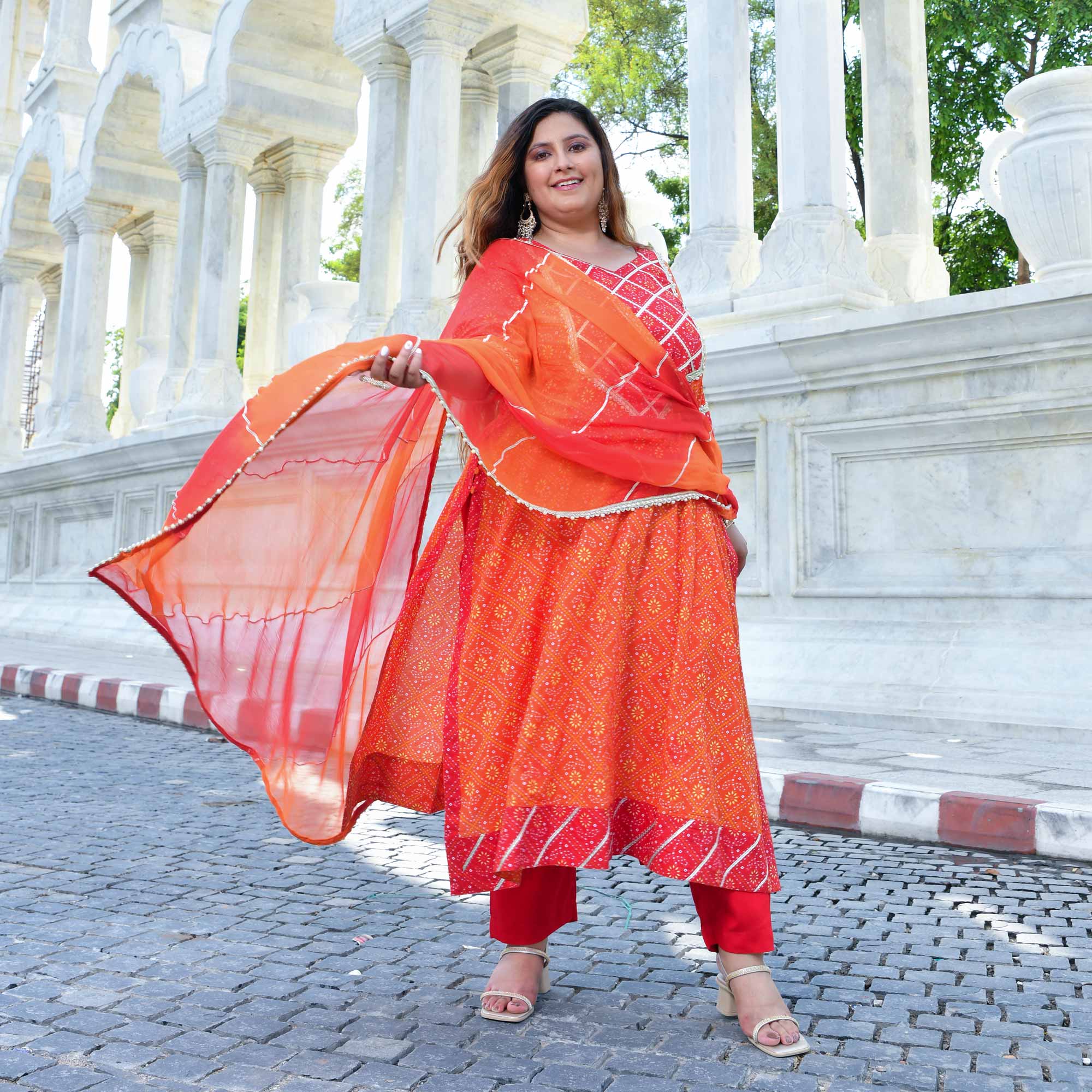 Rangrez - Red & Orange Bandhani Gota Cotton  Aline Kurta