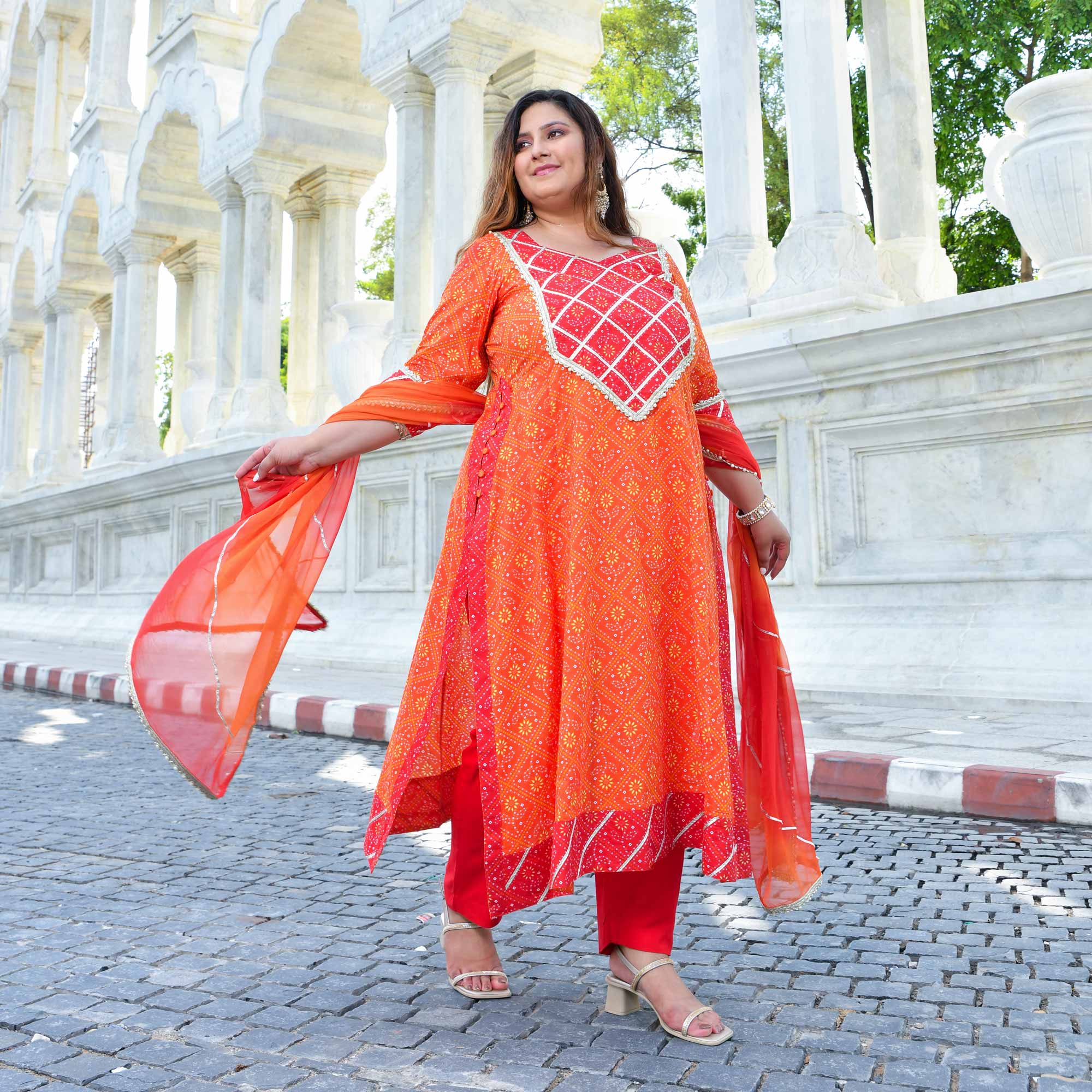 Rangrez - Red & Orange Bandhani Gota Cotton  Aline Kurta