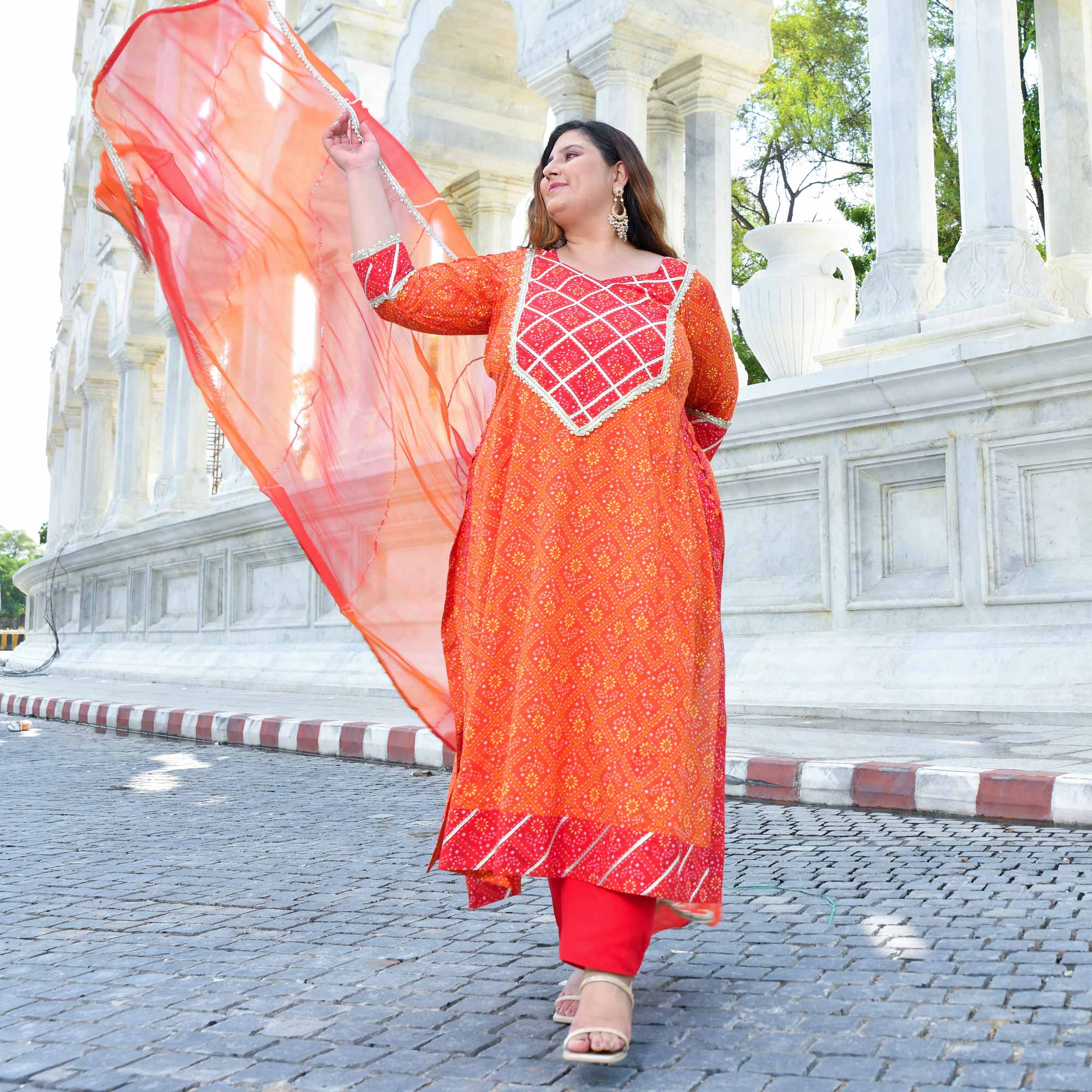 Rangrez - Red & Orange Bandhani Gota Cotton  Aline Kurta