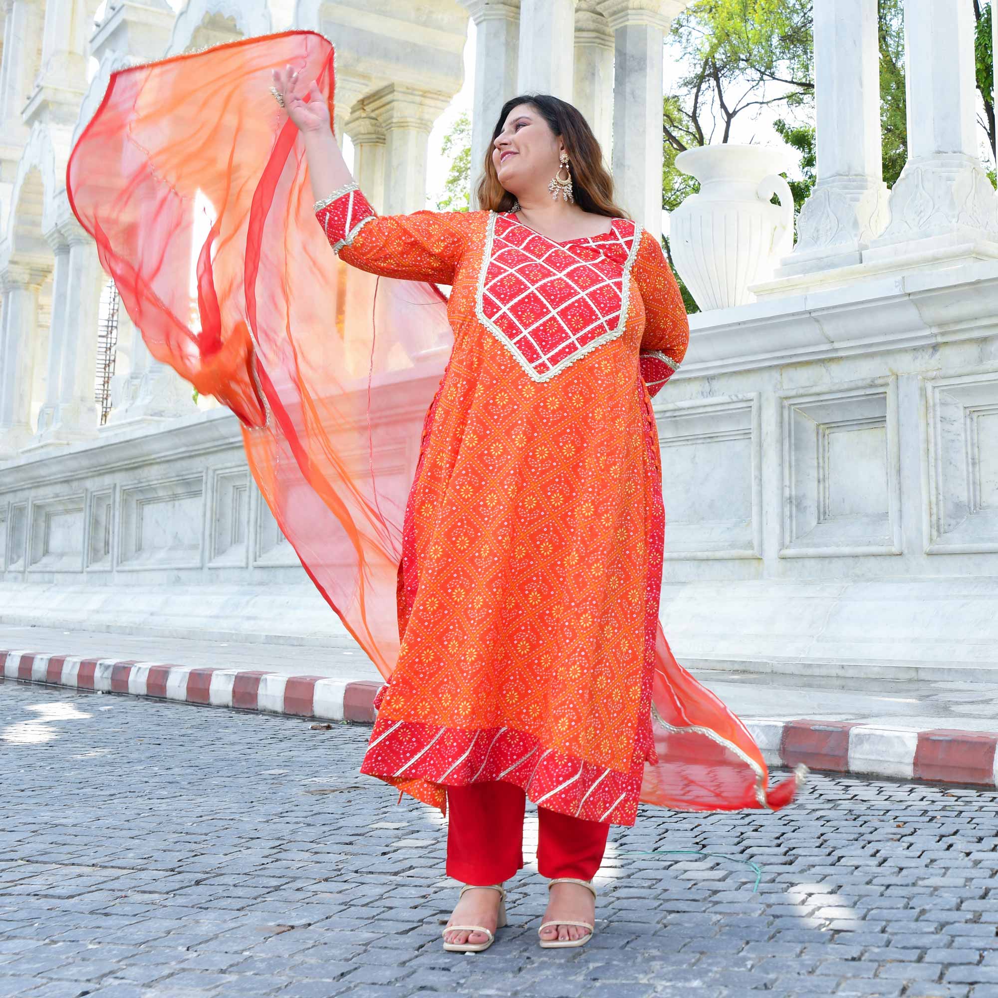 Rangrez - Red & Orange Bandhani Gota Cotton  Aline Kurta