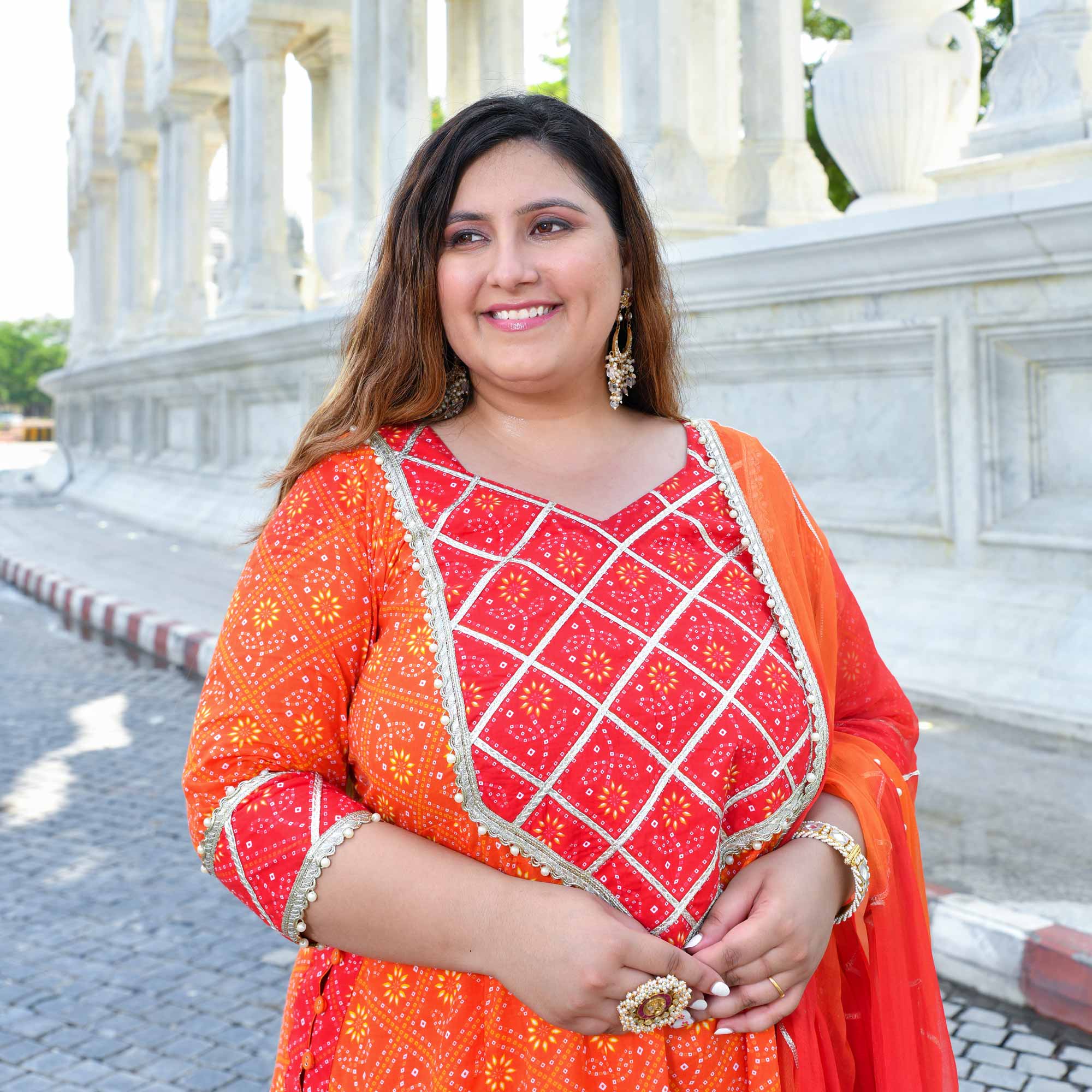 Rangrez - Red & Orange Bandhani Gota Cotton  Aline Kurta