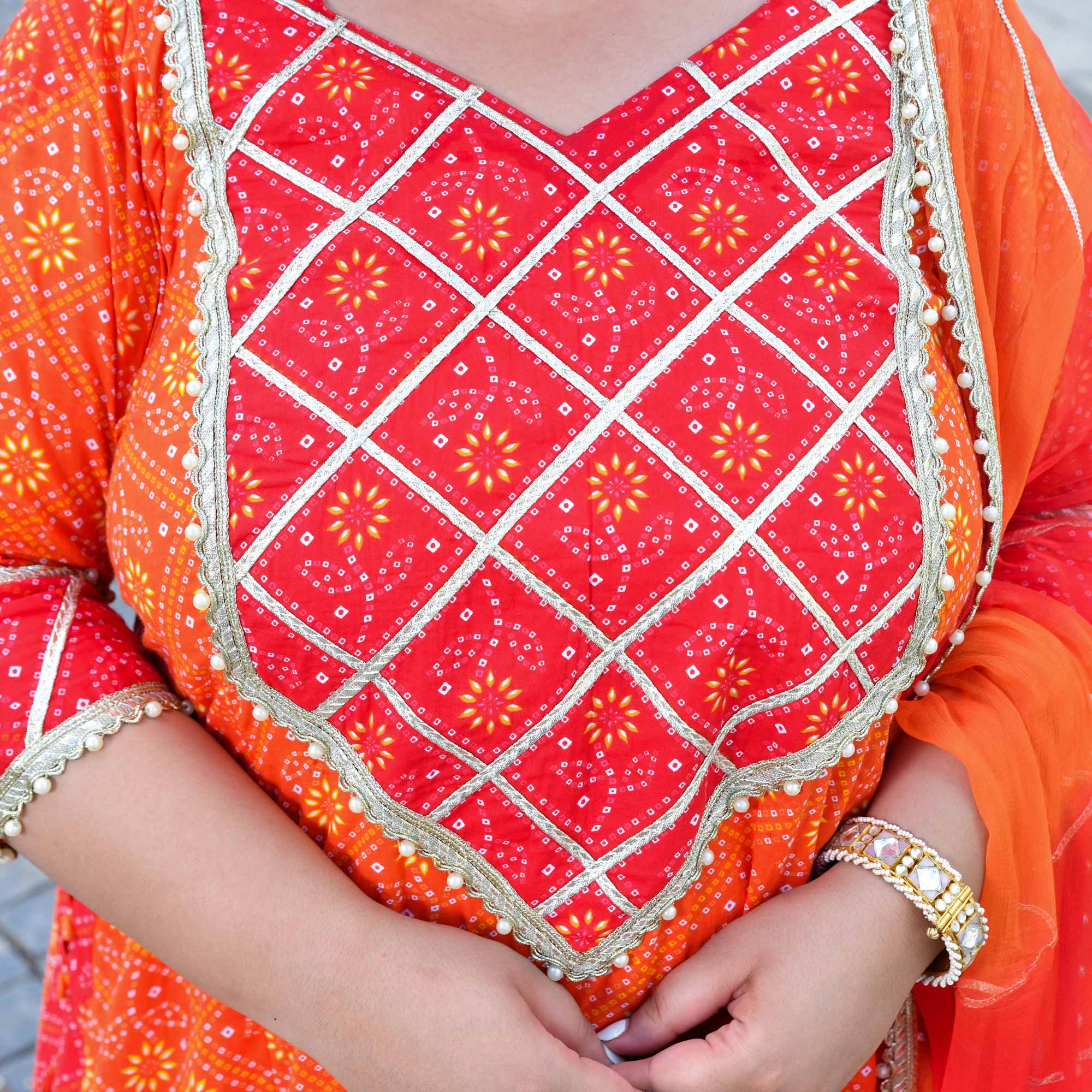 Rangrez - Red & Orange Bandhani Gota Cotton  Aline Kurta