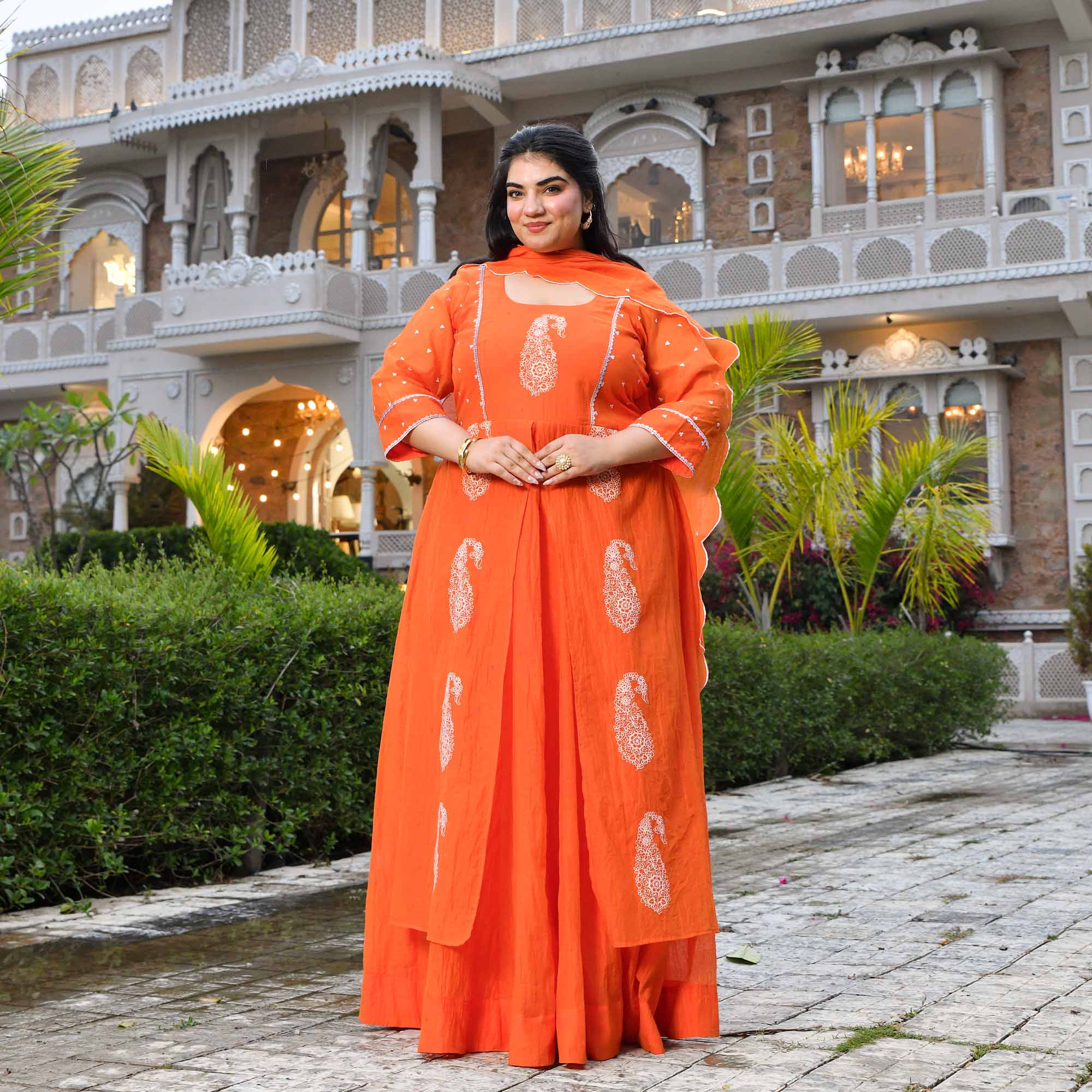 Kinnow- Tangerine Orange Paisley Thread Embroidered Mul Chanderi Anarkali Dress