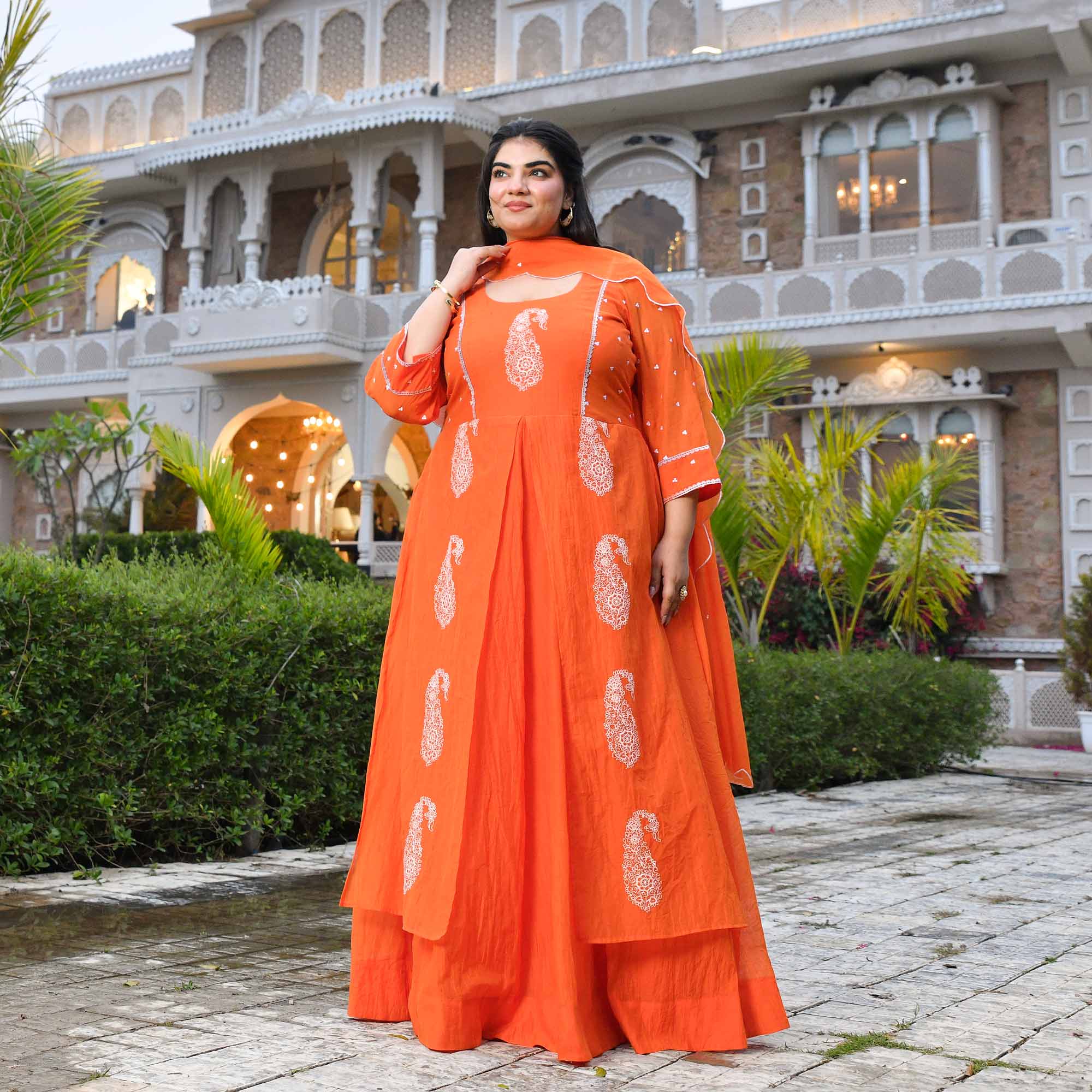 Kinnow- Tangerine Orange Paisley Thread Embroidered Mul Chanderi Anarkali Dress