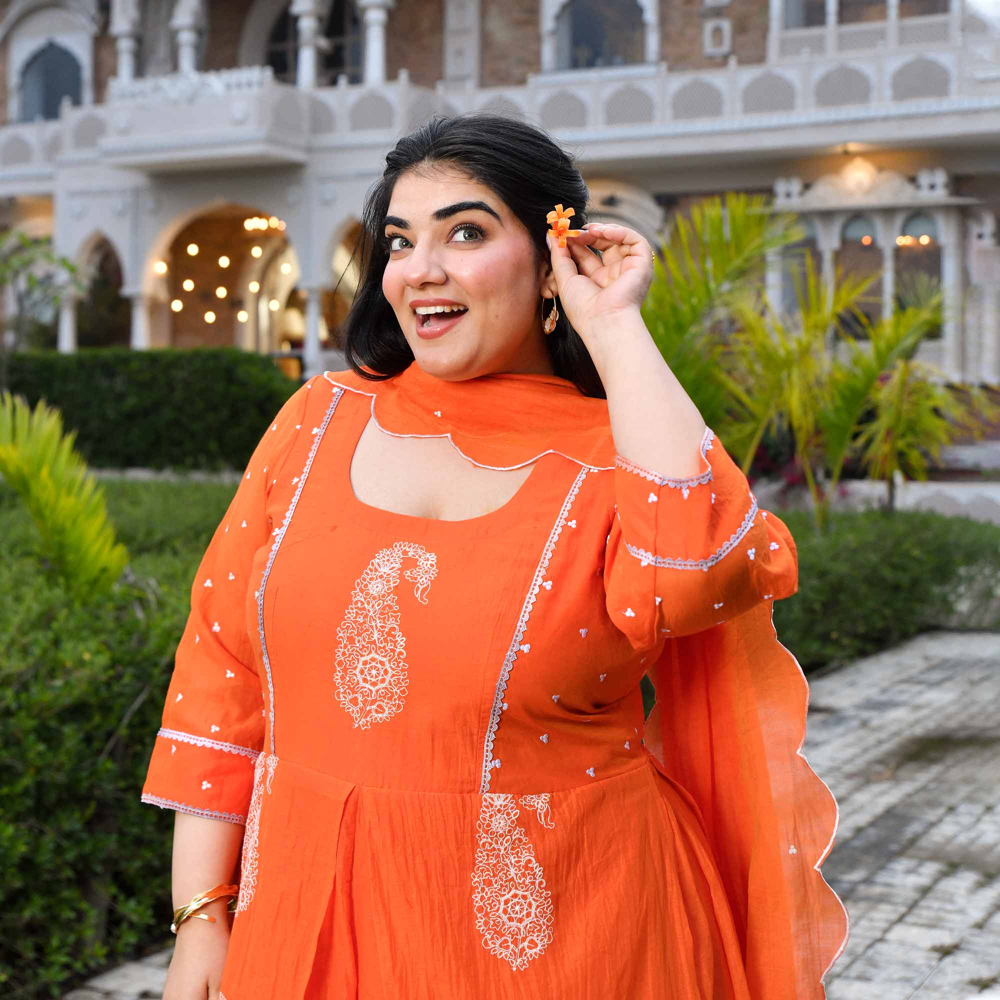 Kinnow- Tangerine Orange Paisley Thread Embroidered Mul Chanderi Anarkali Dress