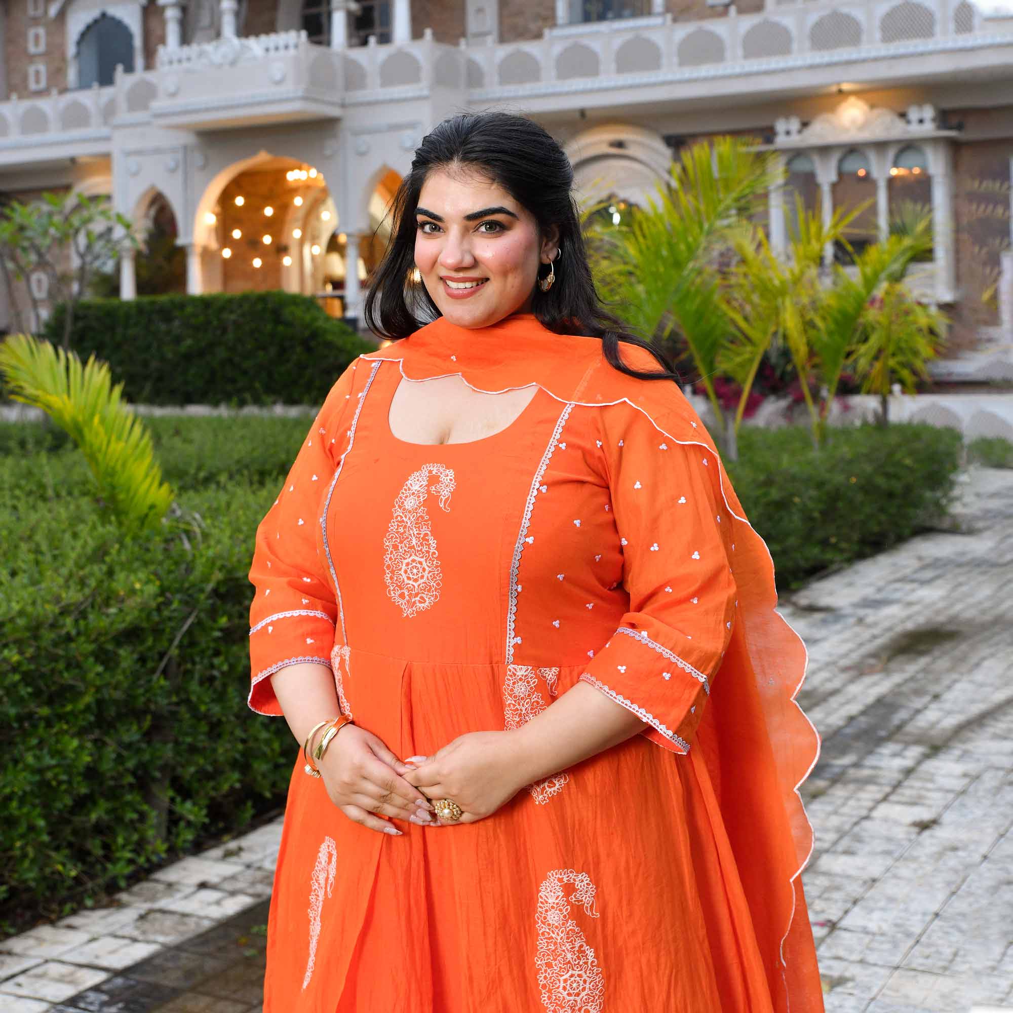 Kinnow- Tangerine Orange Paisley Thread Embroidered Mul Chanderi Anarkali Dress