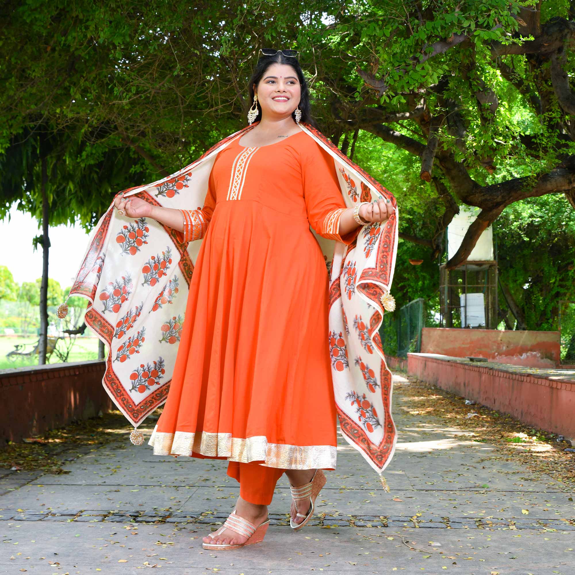 Tangerine Floral Cotton Anarkali Set