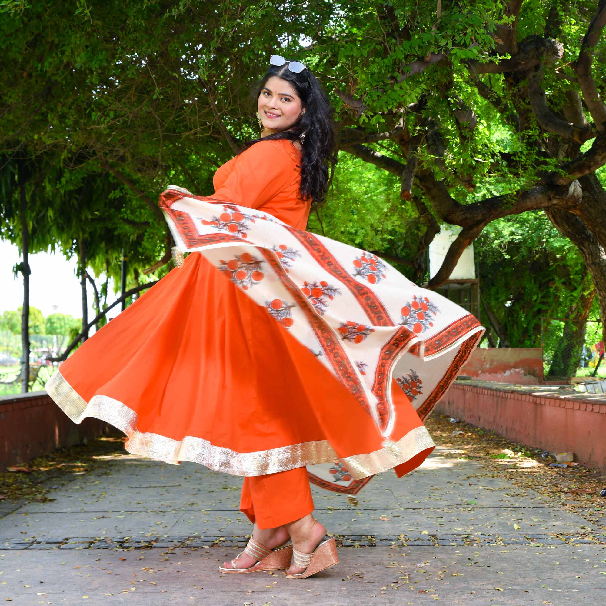 Tangerine Floral Cotton Anarkali Set
