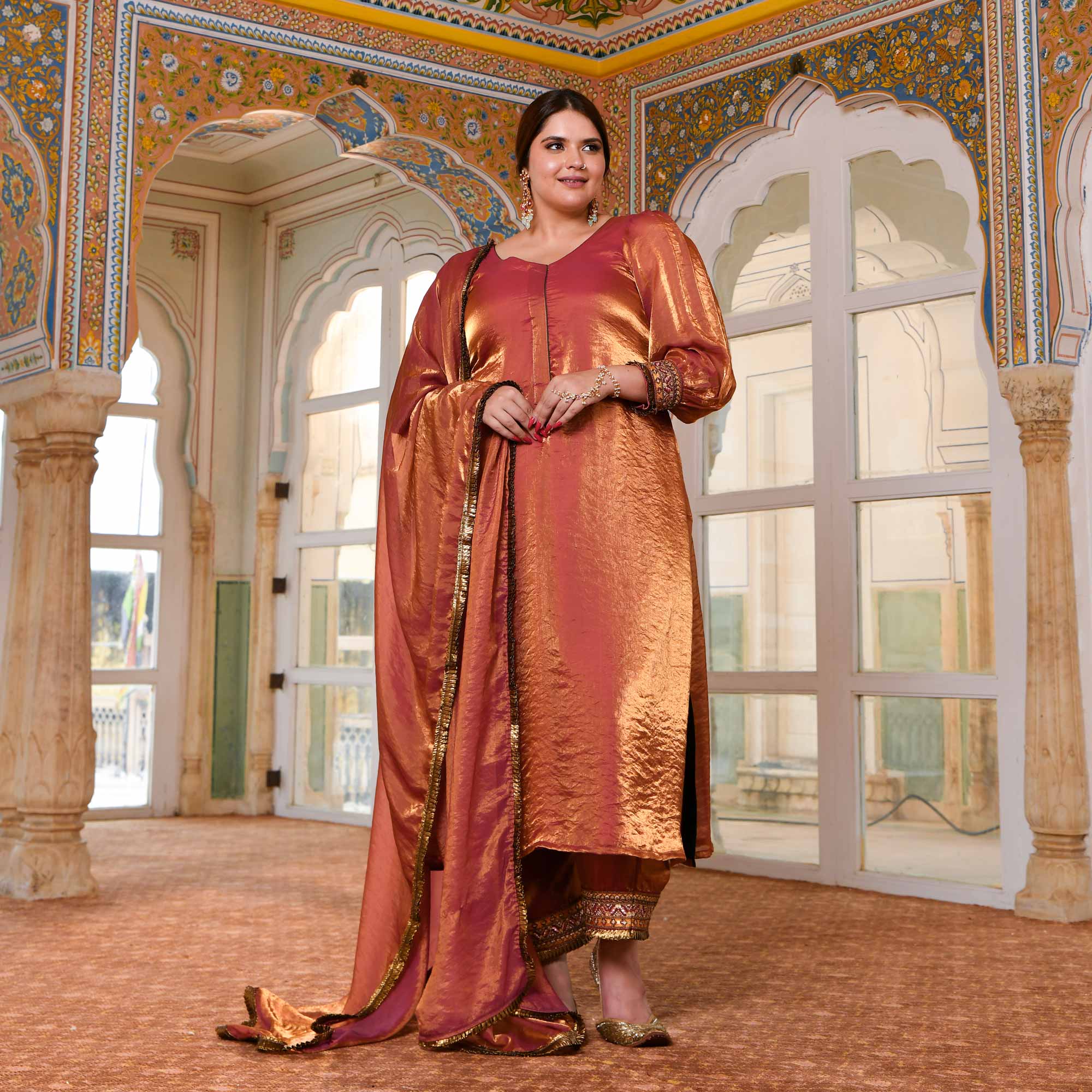 Shahi Ishq- Rustic Copper Tissue Silk Embroidered Suit Set