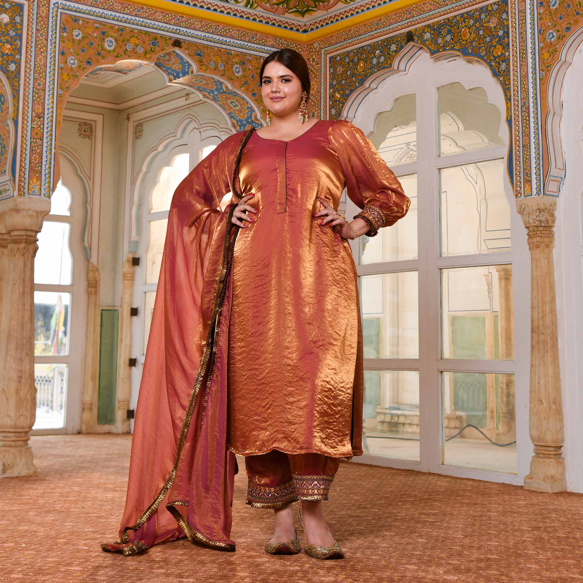 Shahi Ishq- Rustic Copper Tissue Silk Embroidered Suit Set