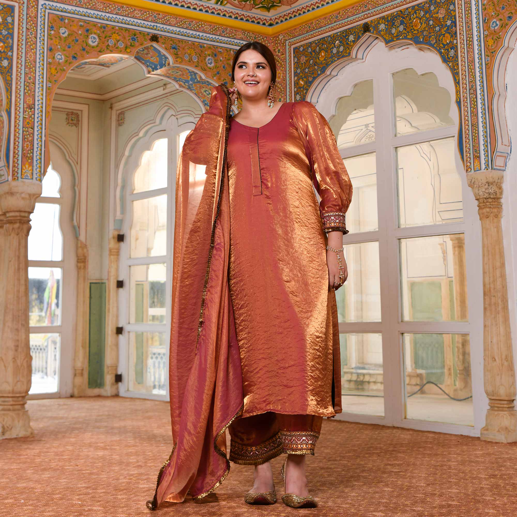 Shahi Ishq- Rustic Copper Tissue Silk Embroidered Suit Set