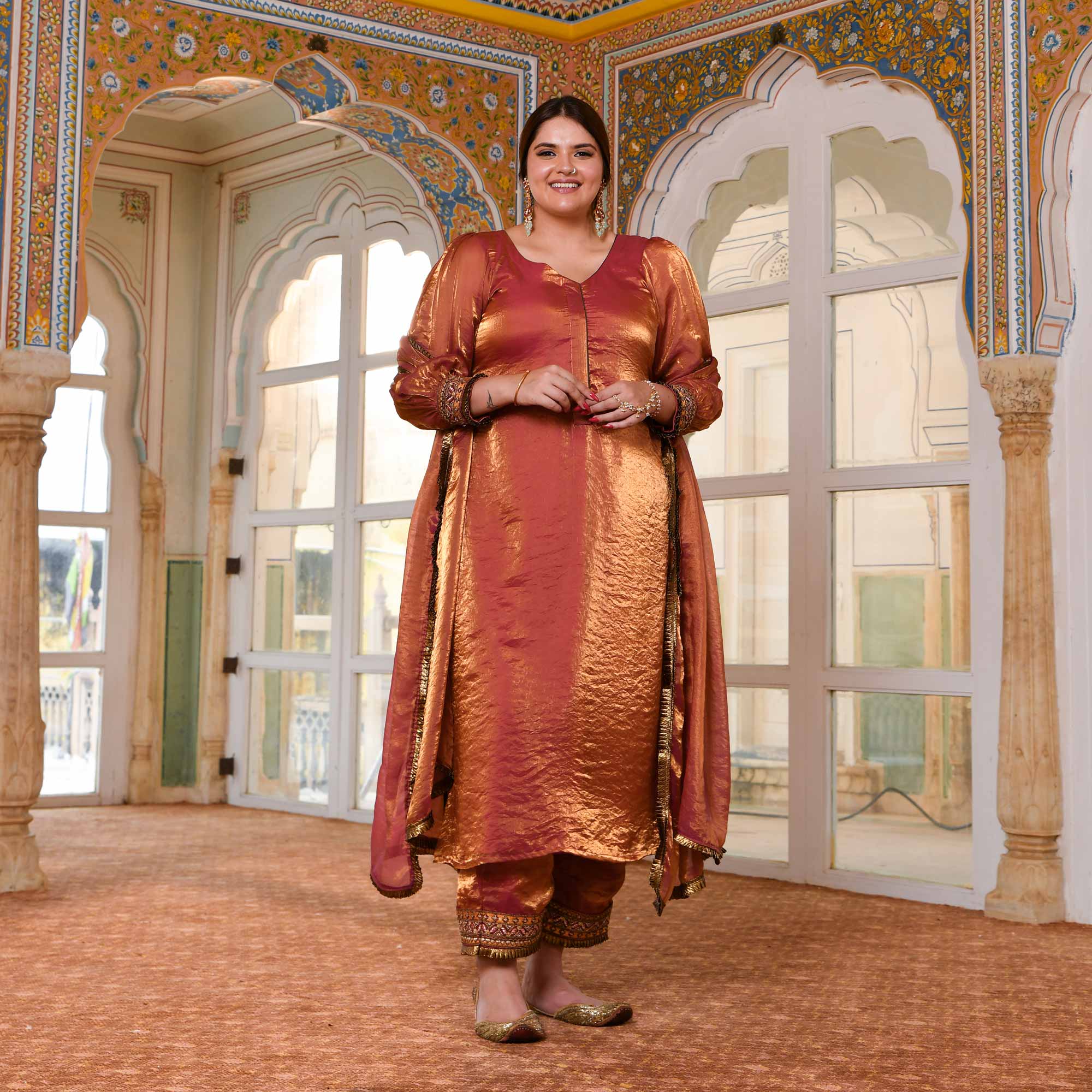 Shahi Ishq- Rustic Copper Tissue Silk Embroidered Suit Set