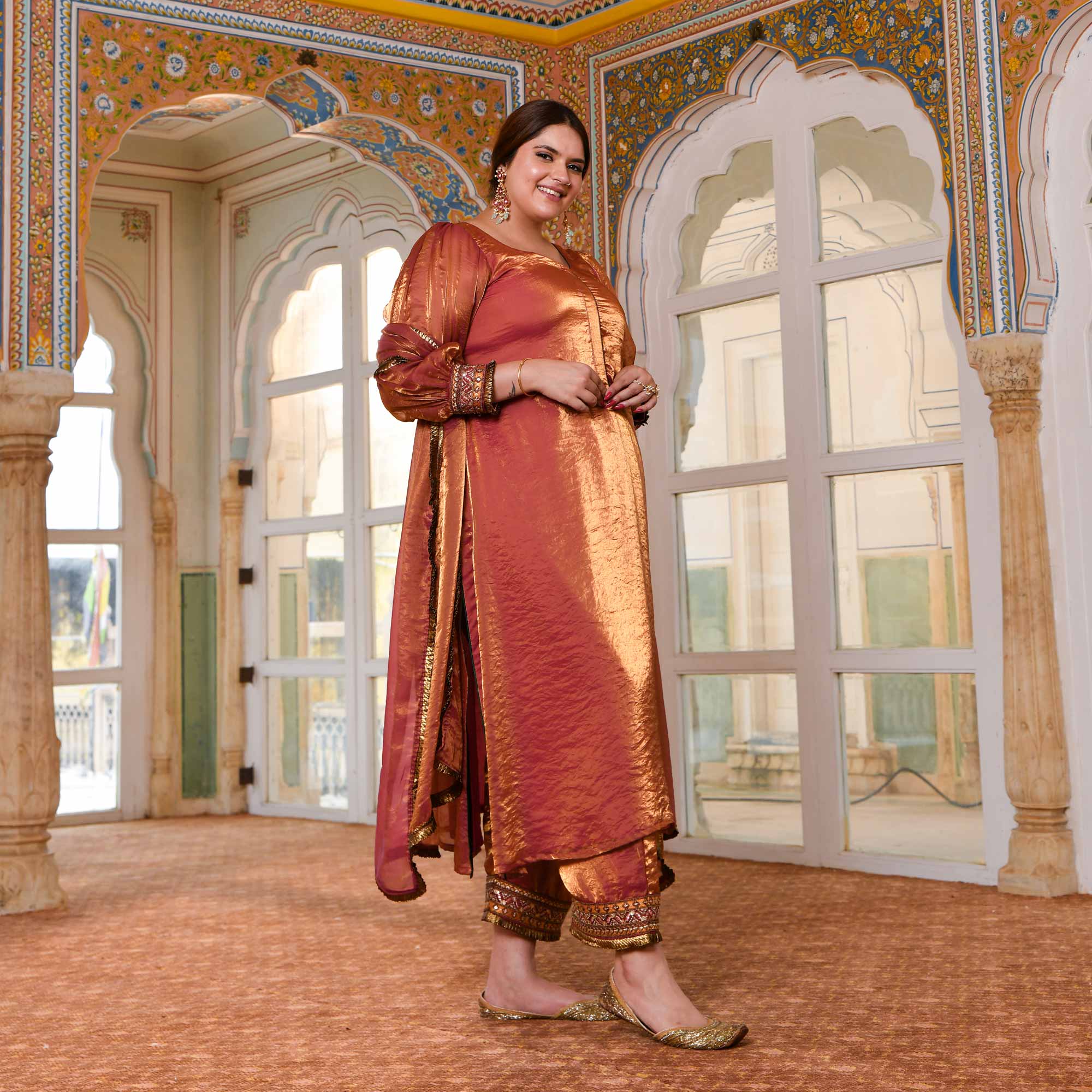 Shahi Ishq- Rustic Copper Tissue Silk Embroidered Suit Set