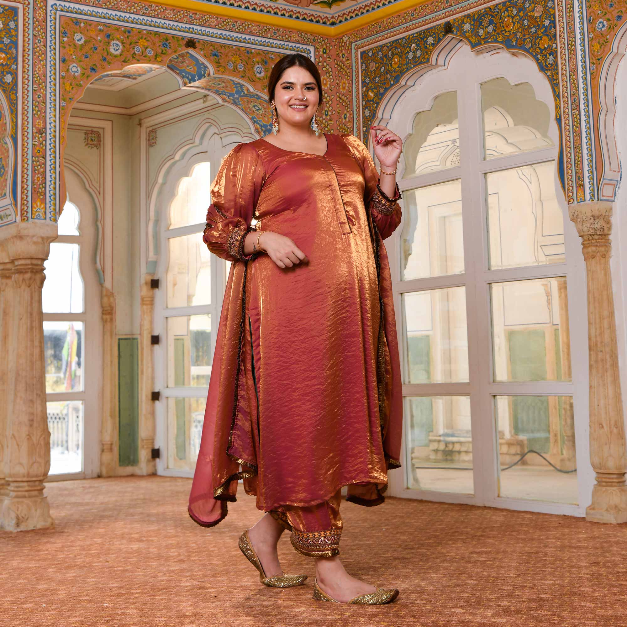 Shahi Ishq- Rustic Copper Tissue Silk Embroidered Suit Set