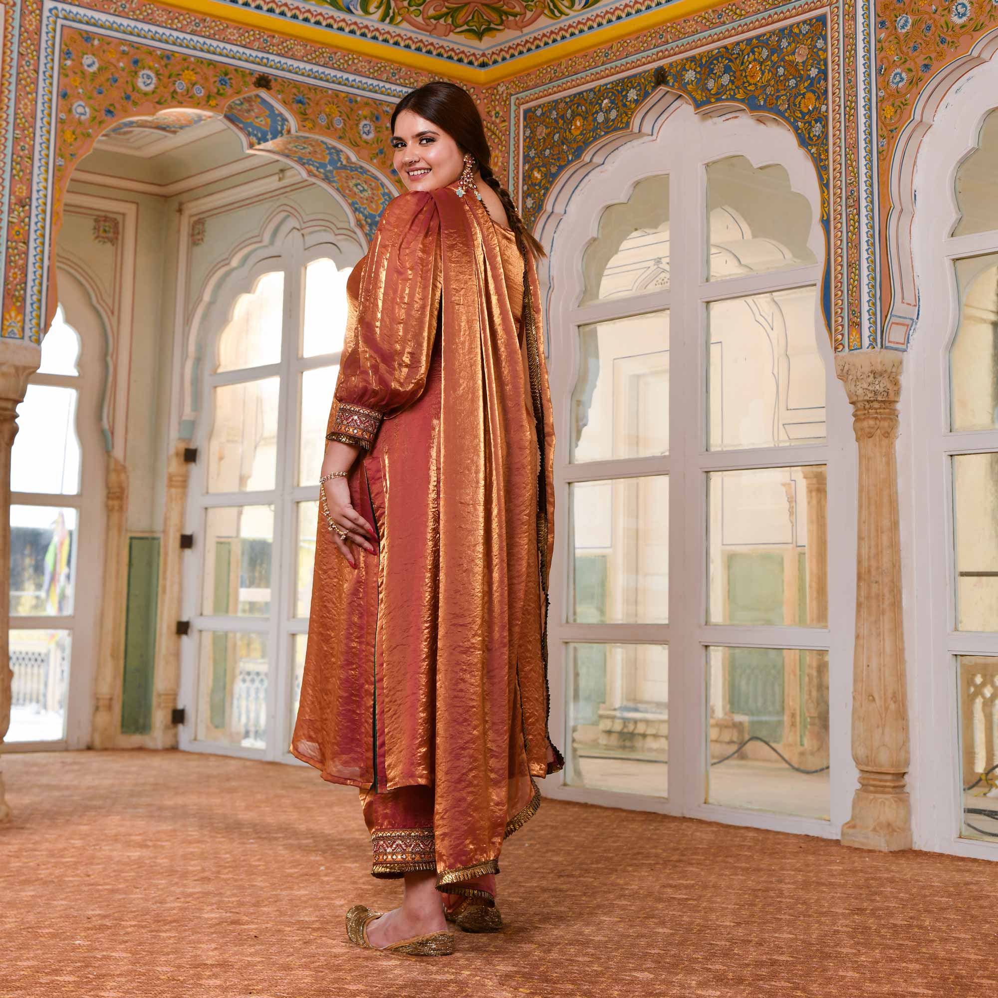 Shahi Ishq- Rustic Copper Tissue Silk Embroidered Suit Set