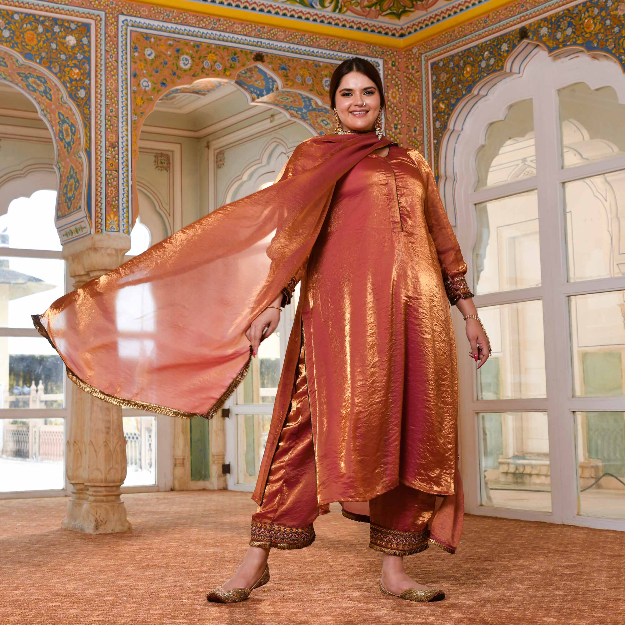 Shahi Ishq- Rustic Copper Tissue Silk Embroidered Suit Set