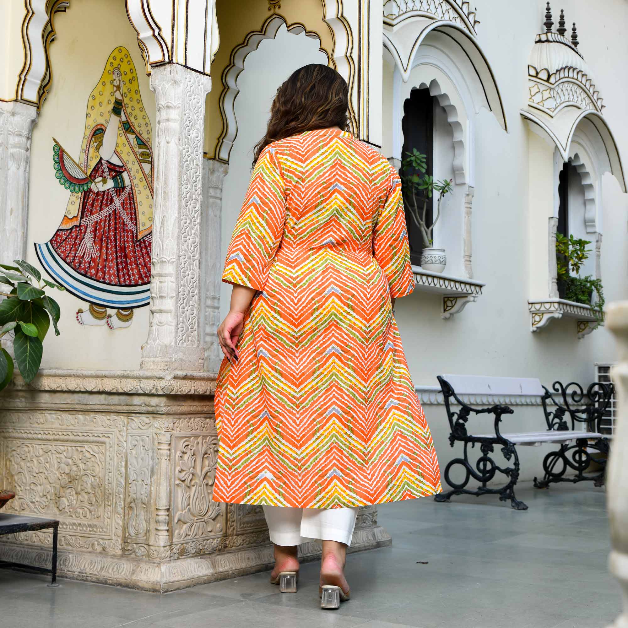 Moti- Orange & Yellow Leheriya Pure Cotton Kurta
