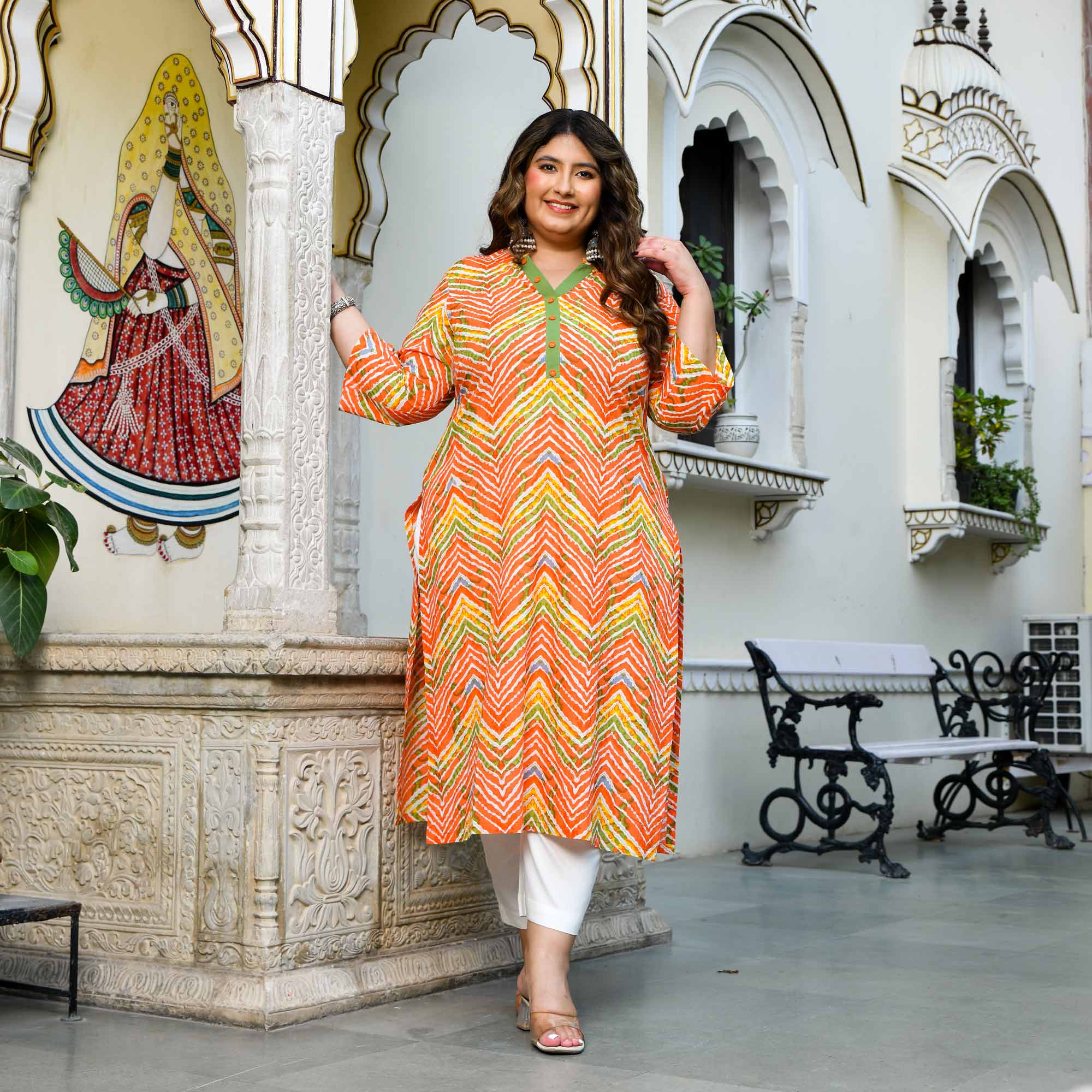 Moti- Orange & Yellow Leheriya Pure Cotton Kurta