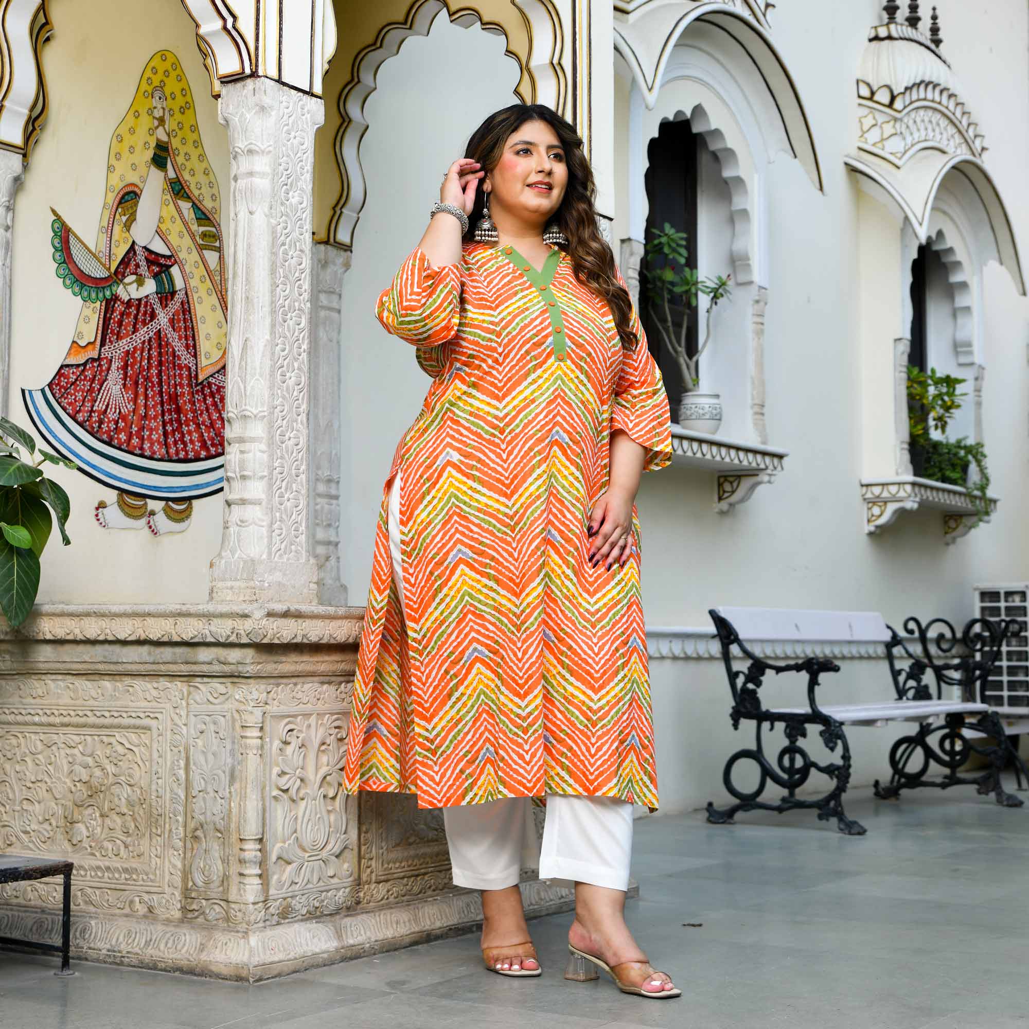 Moti- Orange & Yellow Leheriya Pure Cotton Kurta