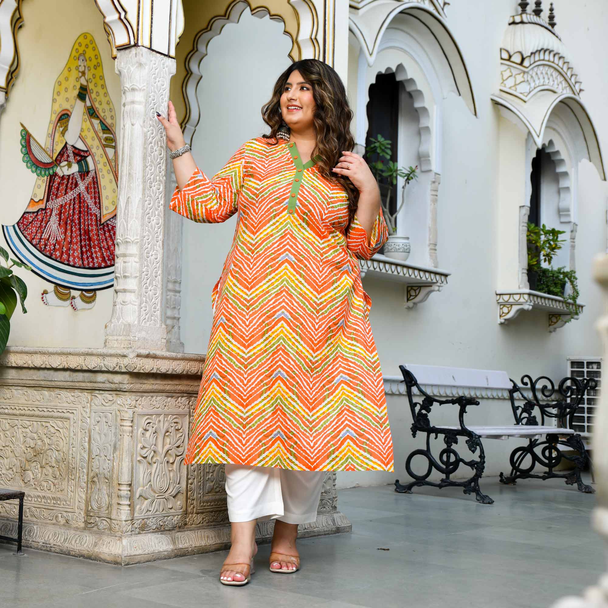 Moti- Orange & Yellow Leheriya Pure Cotton Kurta