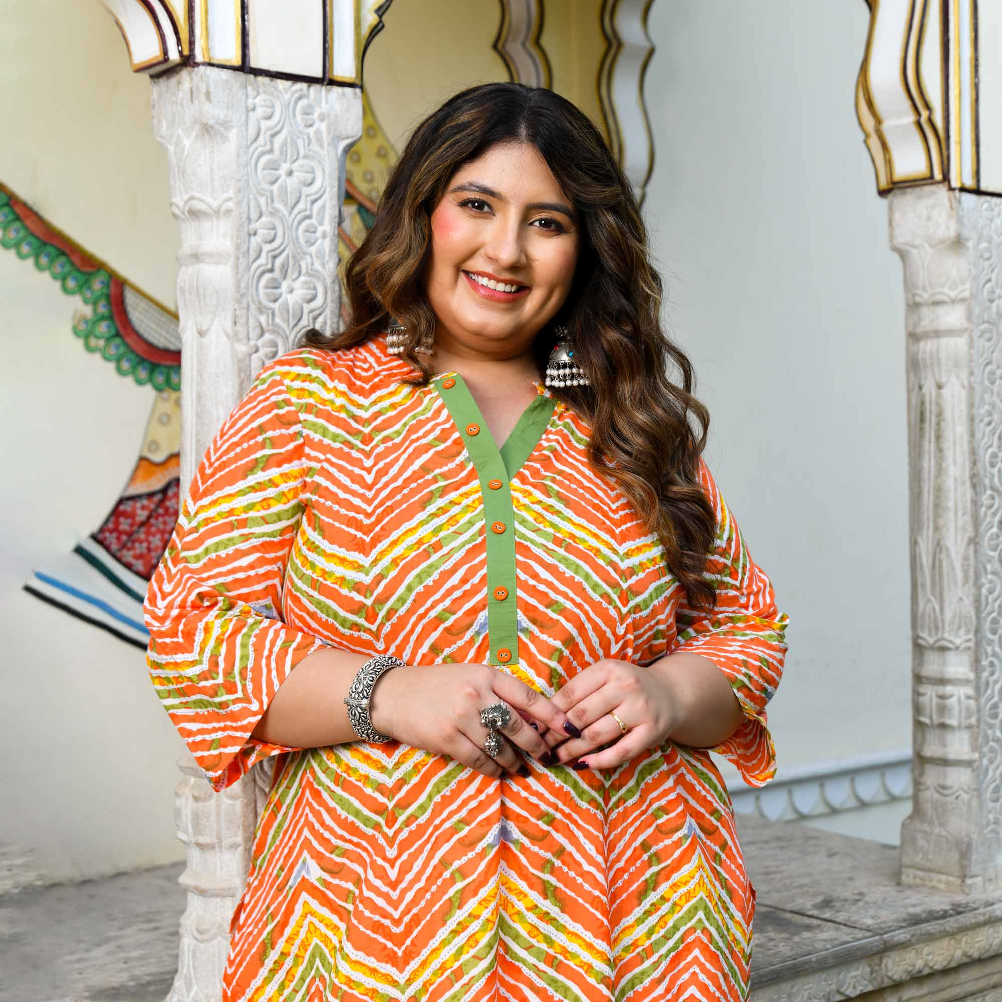 Moti- Orange & Yellow Leheriya Pure Cotton Kurta