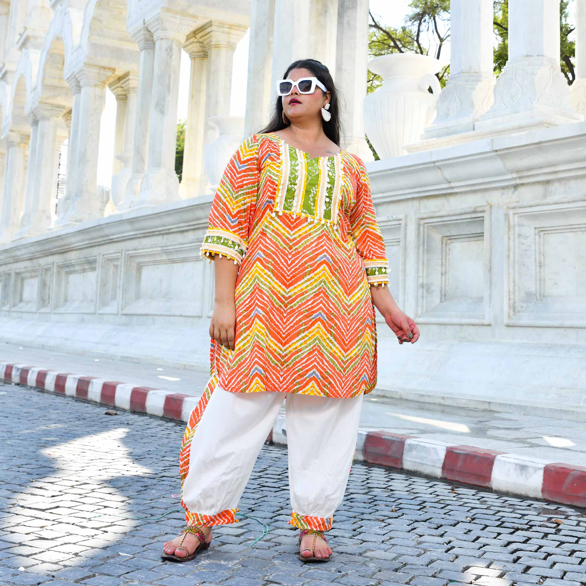 Tangy Splash- Orange Leheriya Cotton Bohemian Set 