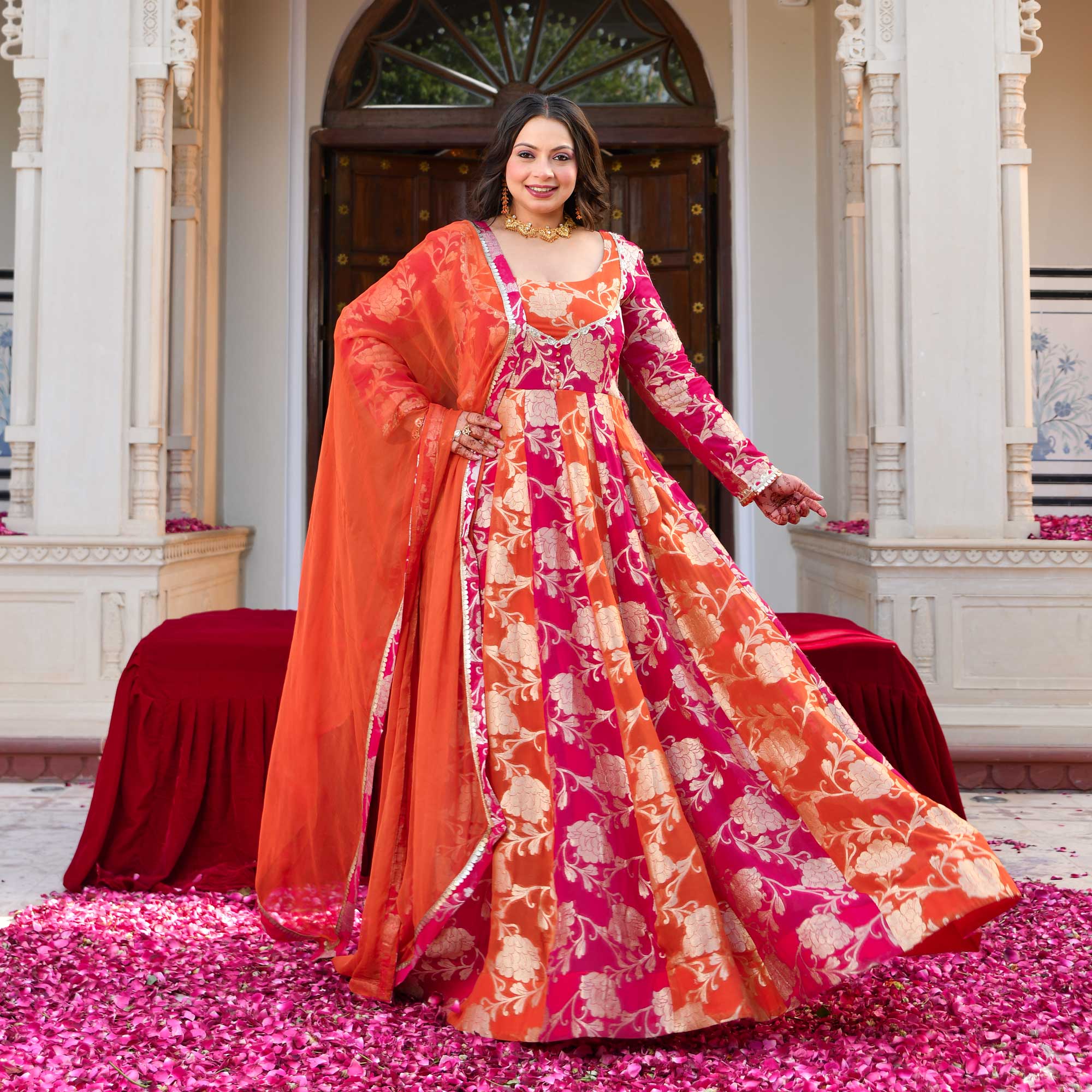 Kesar- Rani Pink & Orange Pure Georgette Banarasi Anarkali Set