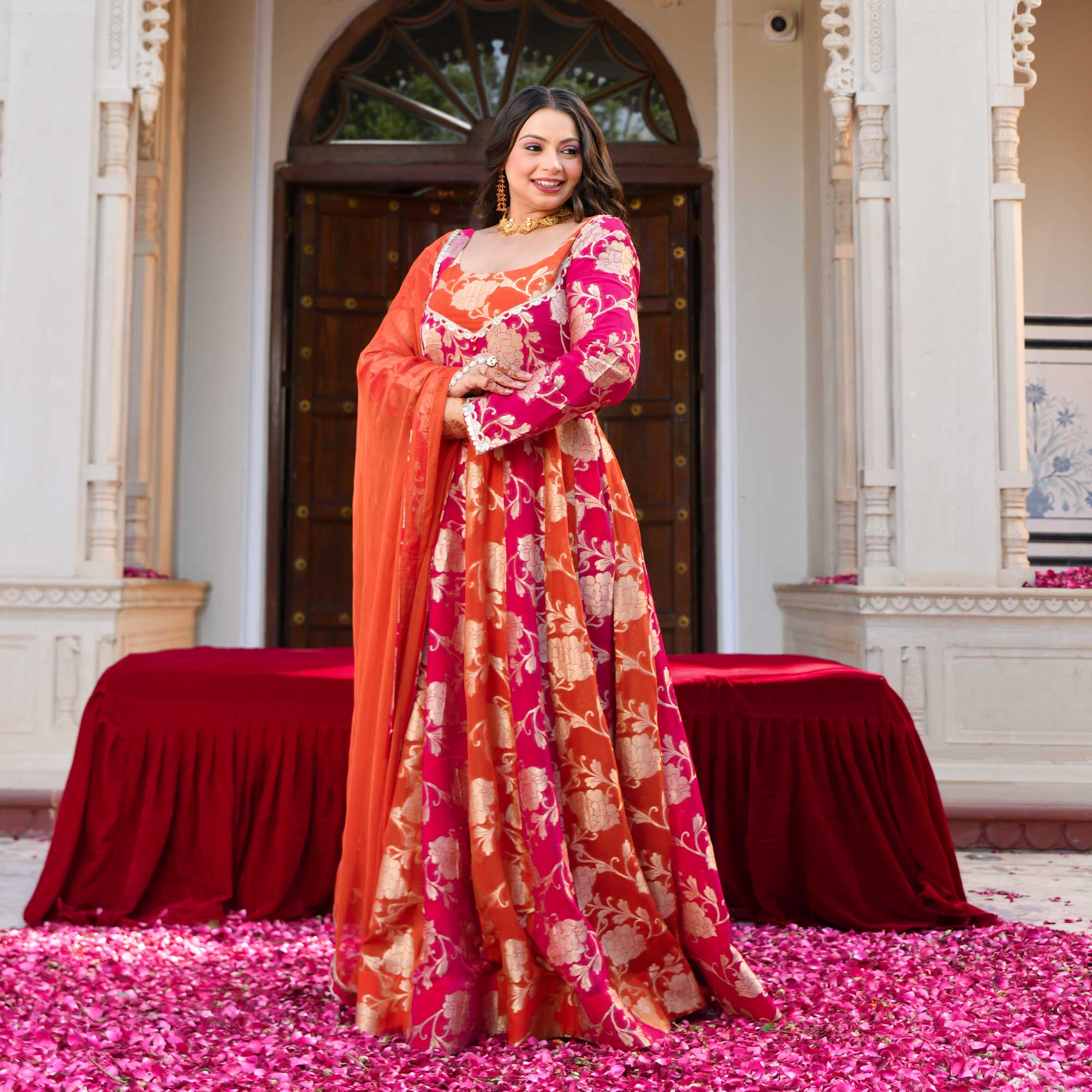 Kesar- Rani Pink & Orange Pure Georgette Banarasi Anarkali Set