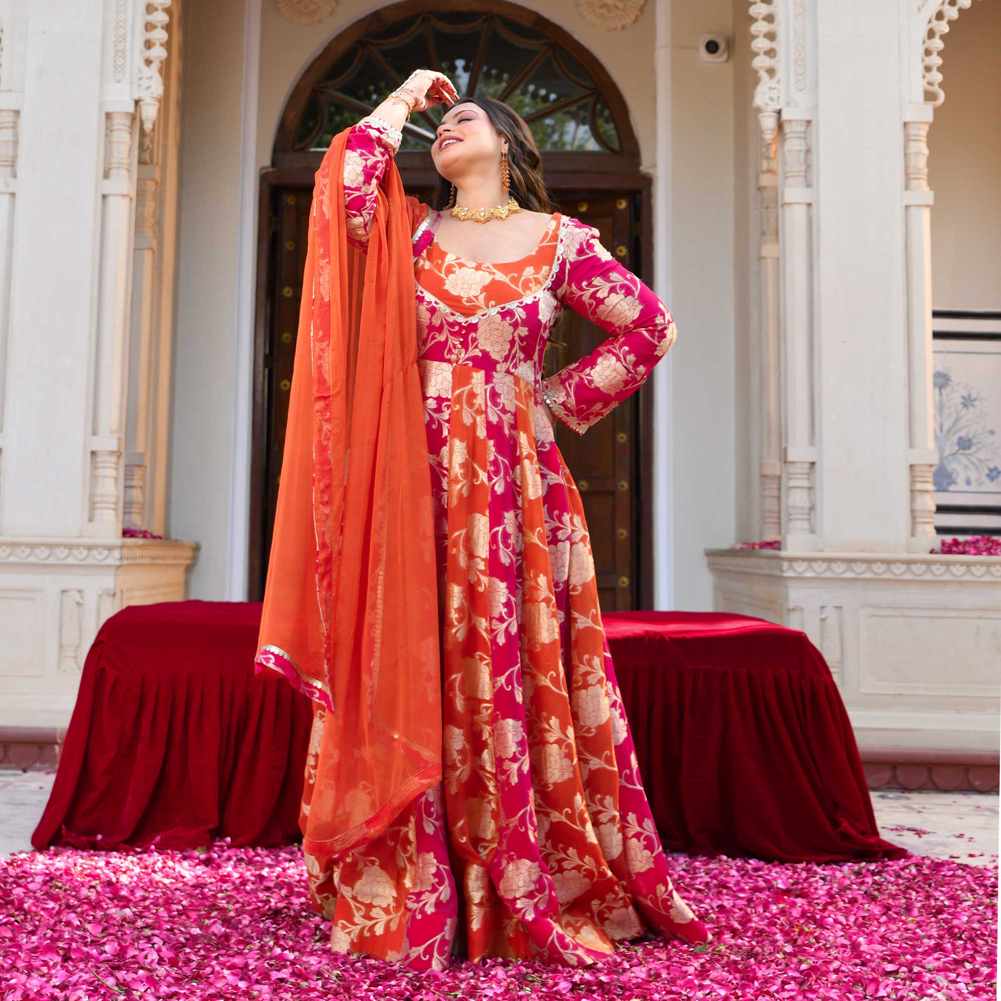 Kesar- Rani Pink & Orange Pure Georgette Banarasi Anarkali Set