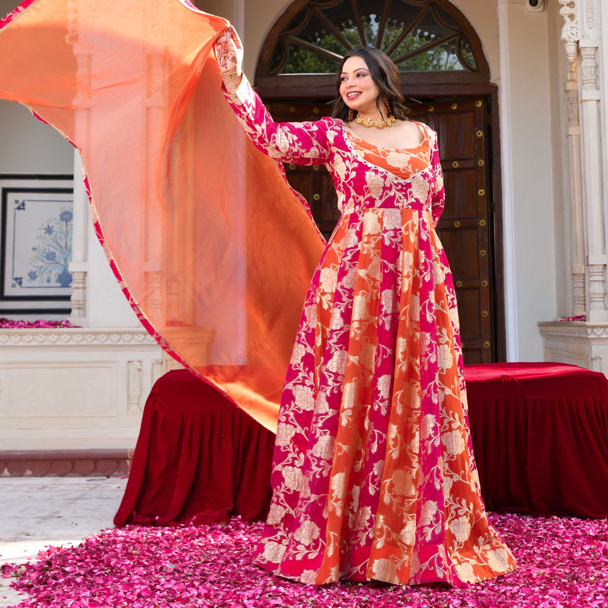 Kesar- Rani Pink & Orange Pure Georgette Banarasi Anarkali Set