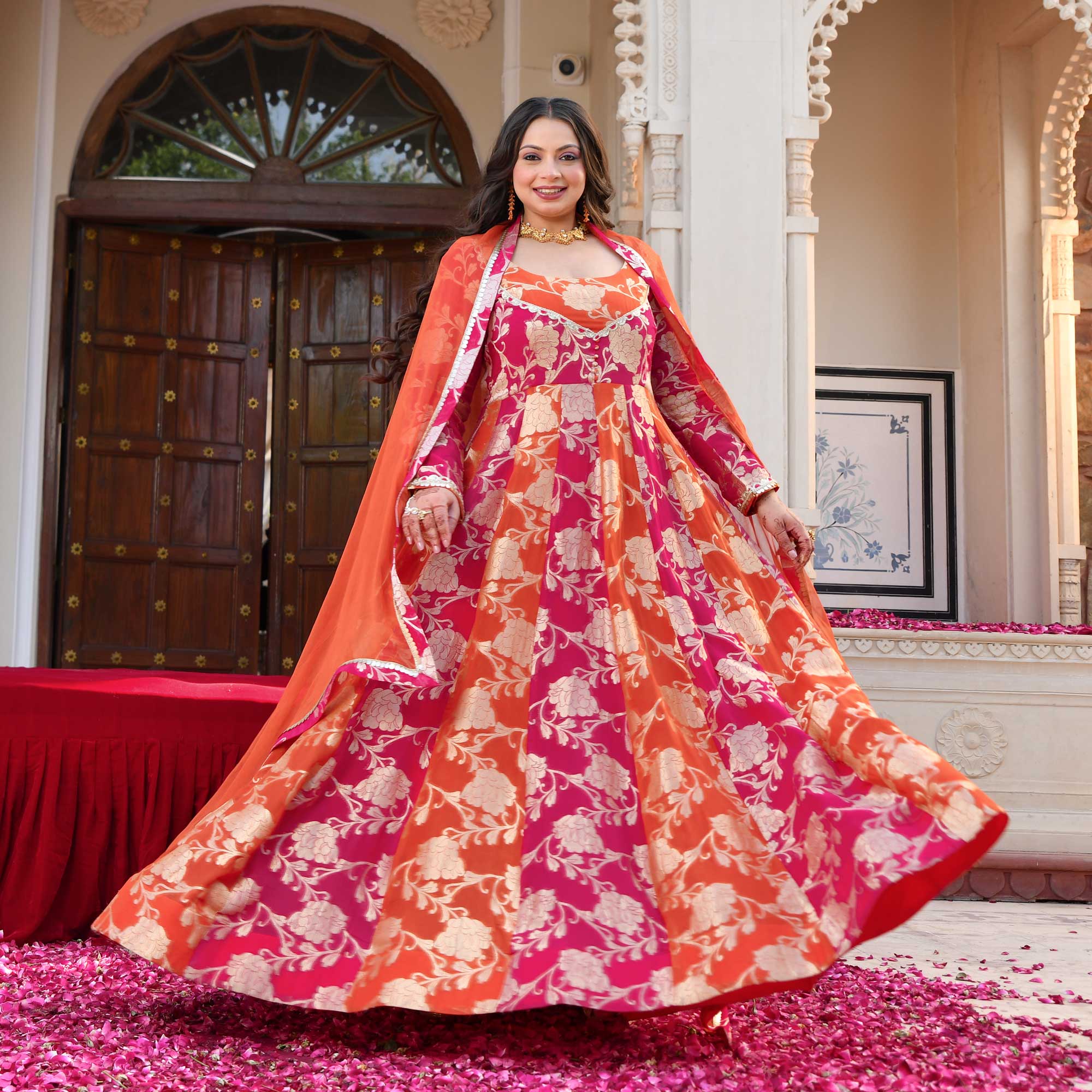 Kesar- Rani Pink & Orange Pure Georgette Banarasi Anarkali Set