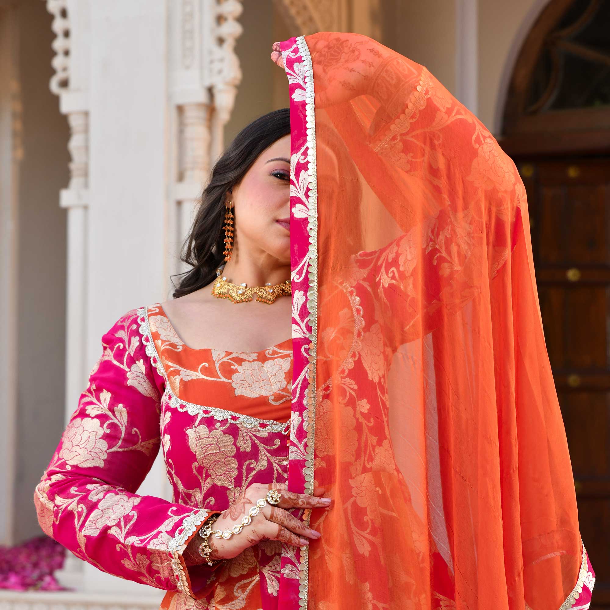 Kesar- Rani Pink & Orange Pure Georgette Banarasi Anarkali Set