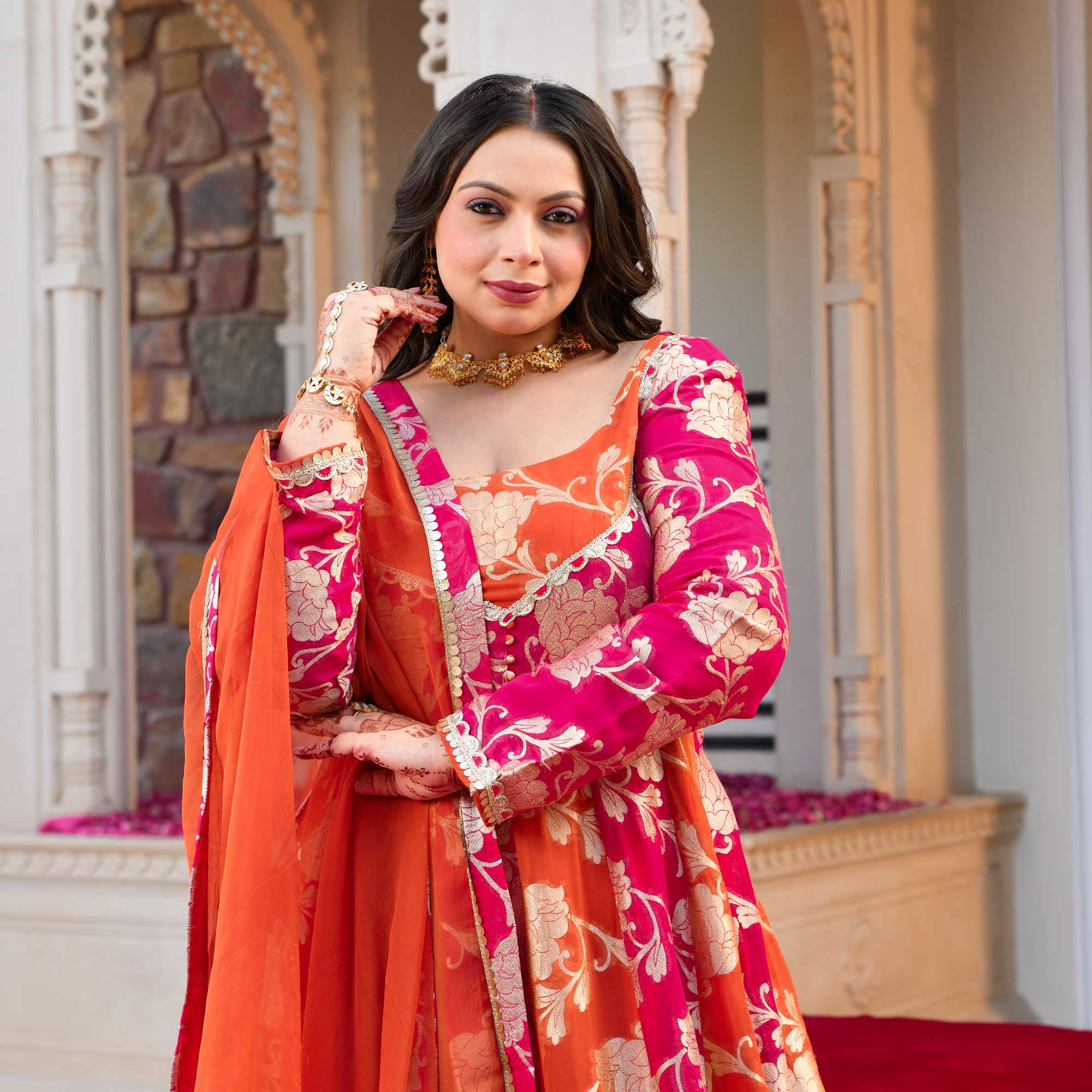 Kesar- Rani Pink & Orange Pure Georgette Banarasi Anarkali Set