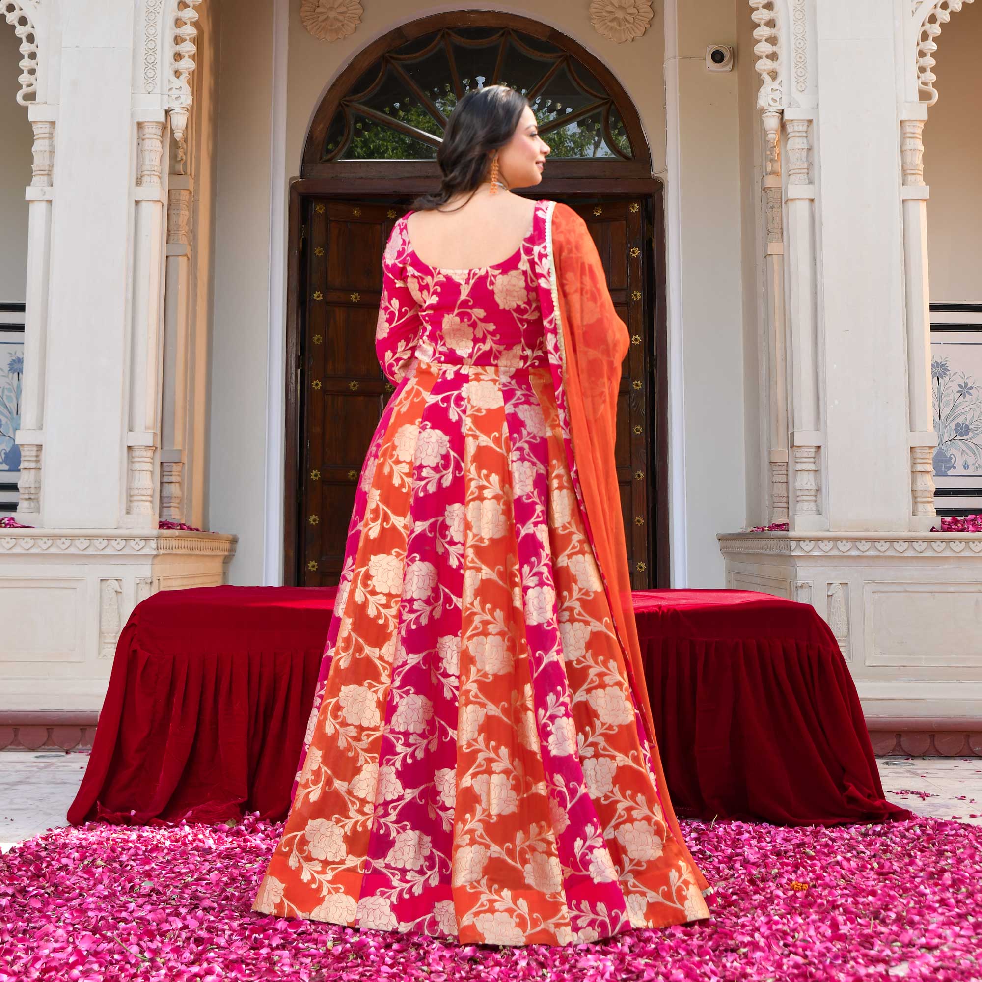 Kesar- Rani Pink & Orange Pure Georgette Banarasi Anarkali Set
